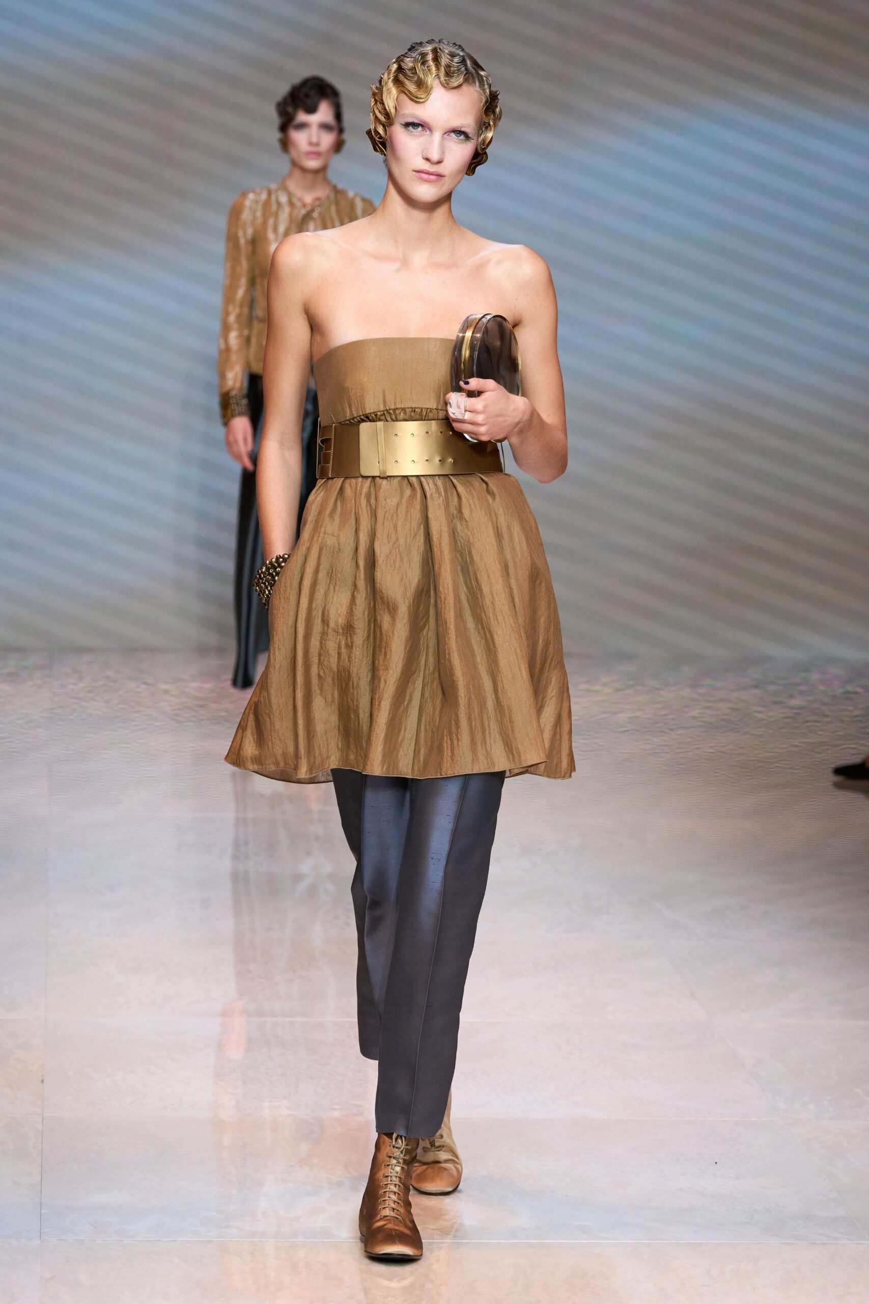 brown silk strapless fitted pleated short dress