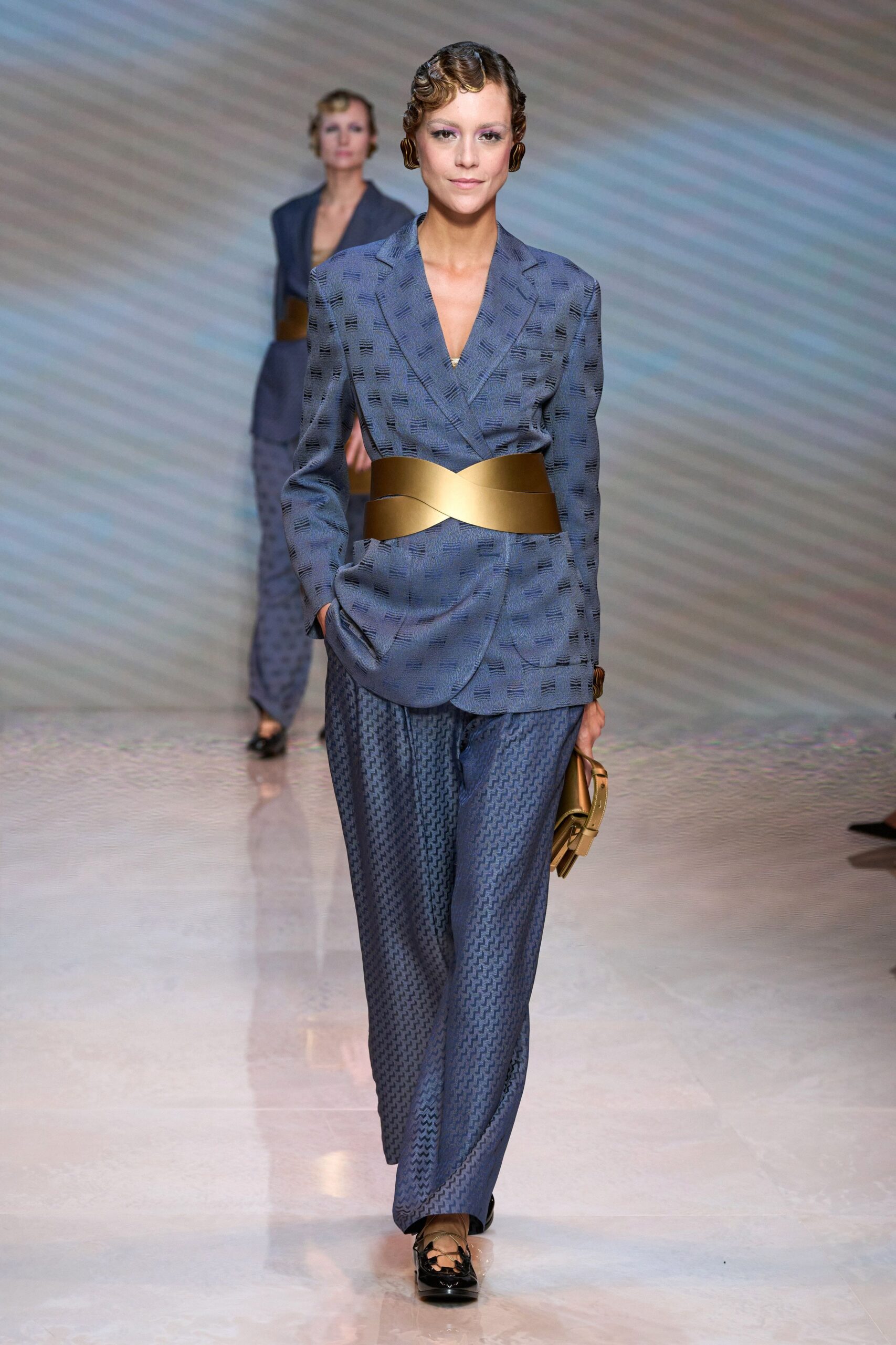 blue silk long-sleeve v-neck tailored buttoned printed suit