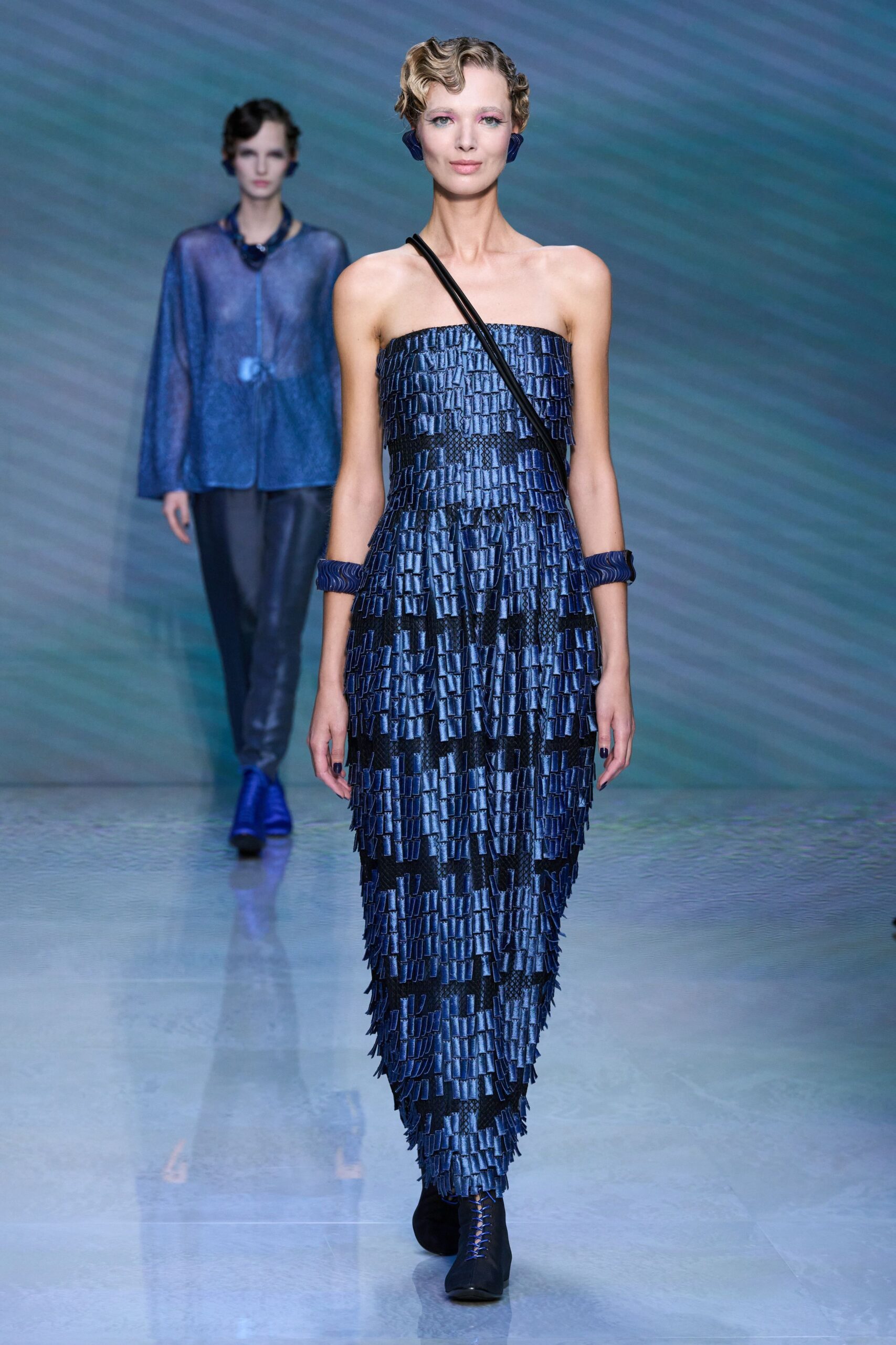 blue silk strapless fitted pleated shiny maxi gown