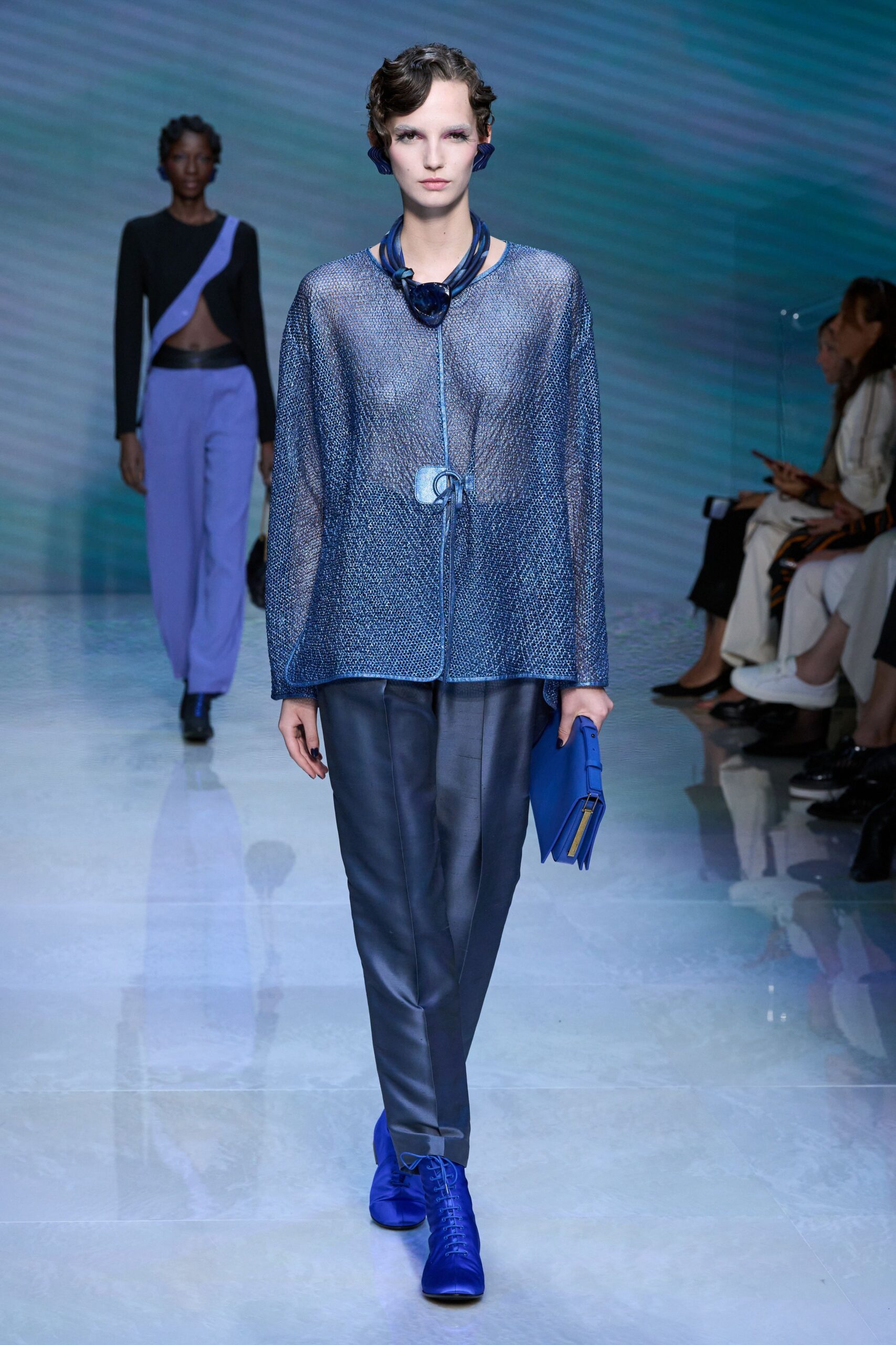 blue mesh long-sleeve collared relaxed textured sheer top
