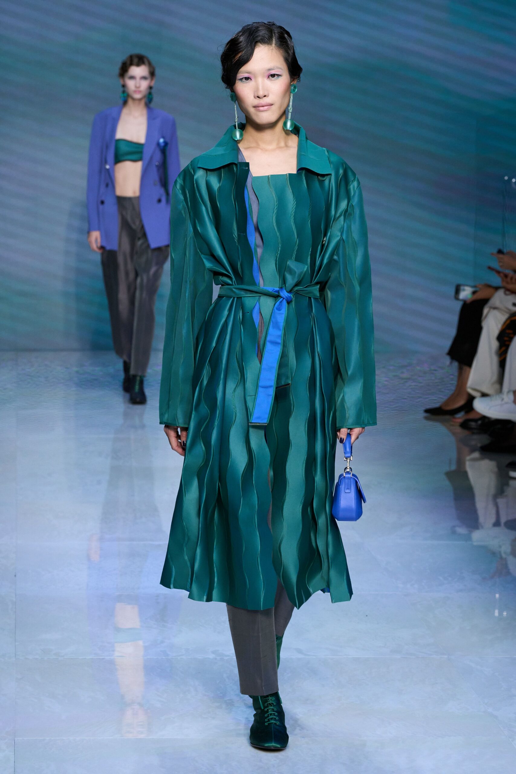 teal silk long-sleeve collared relaxed layered flowing coat