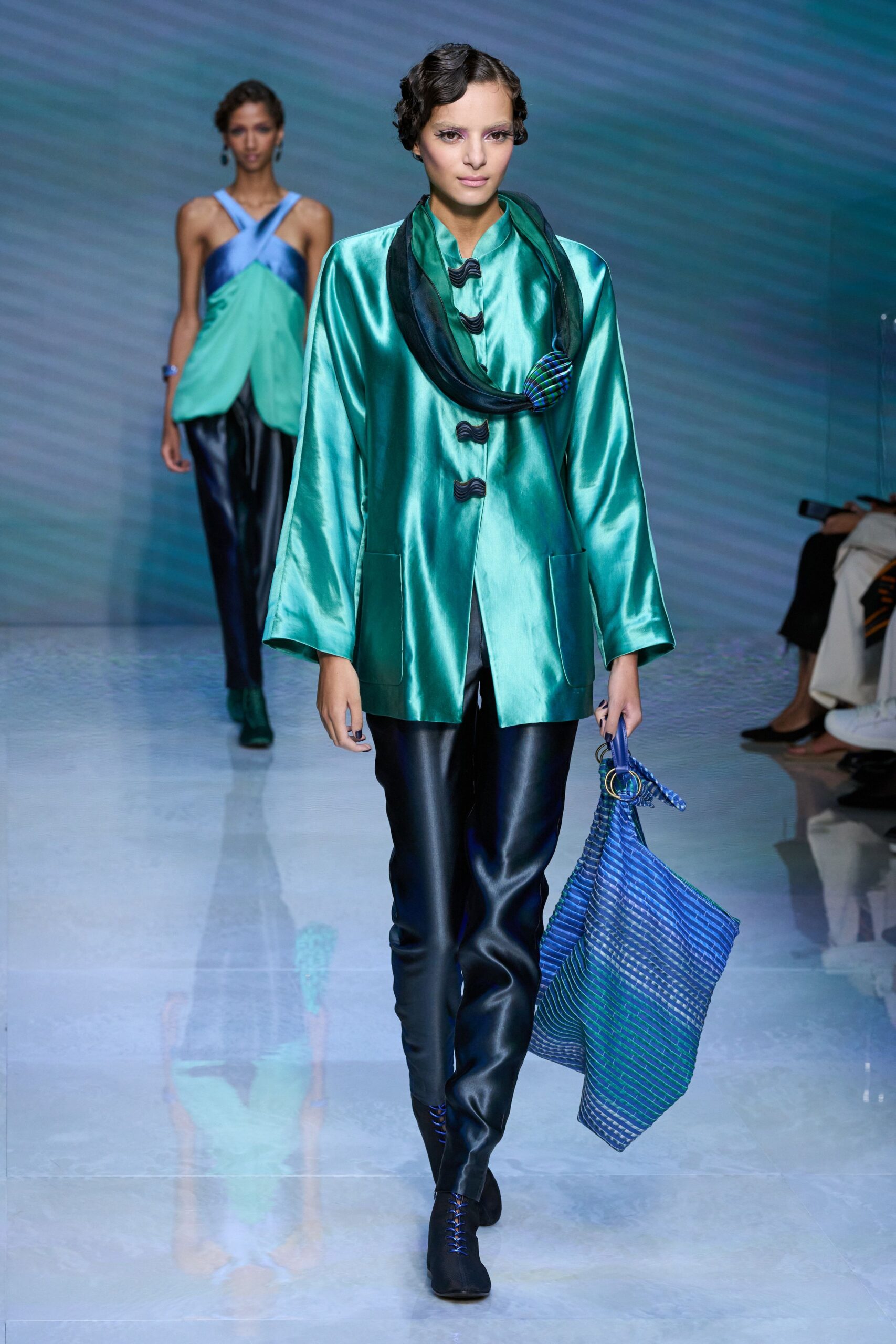 green silk long-sleeve collared relaxed buttoned shiny jacket