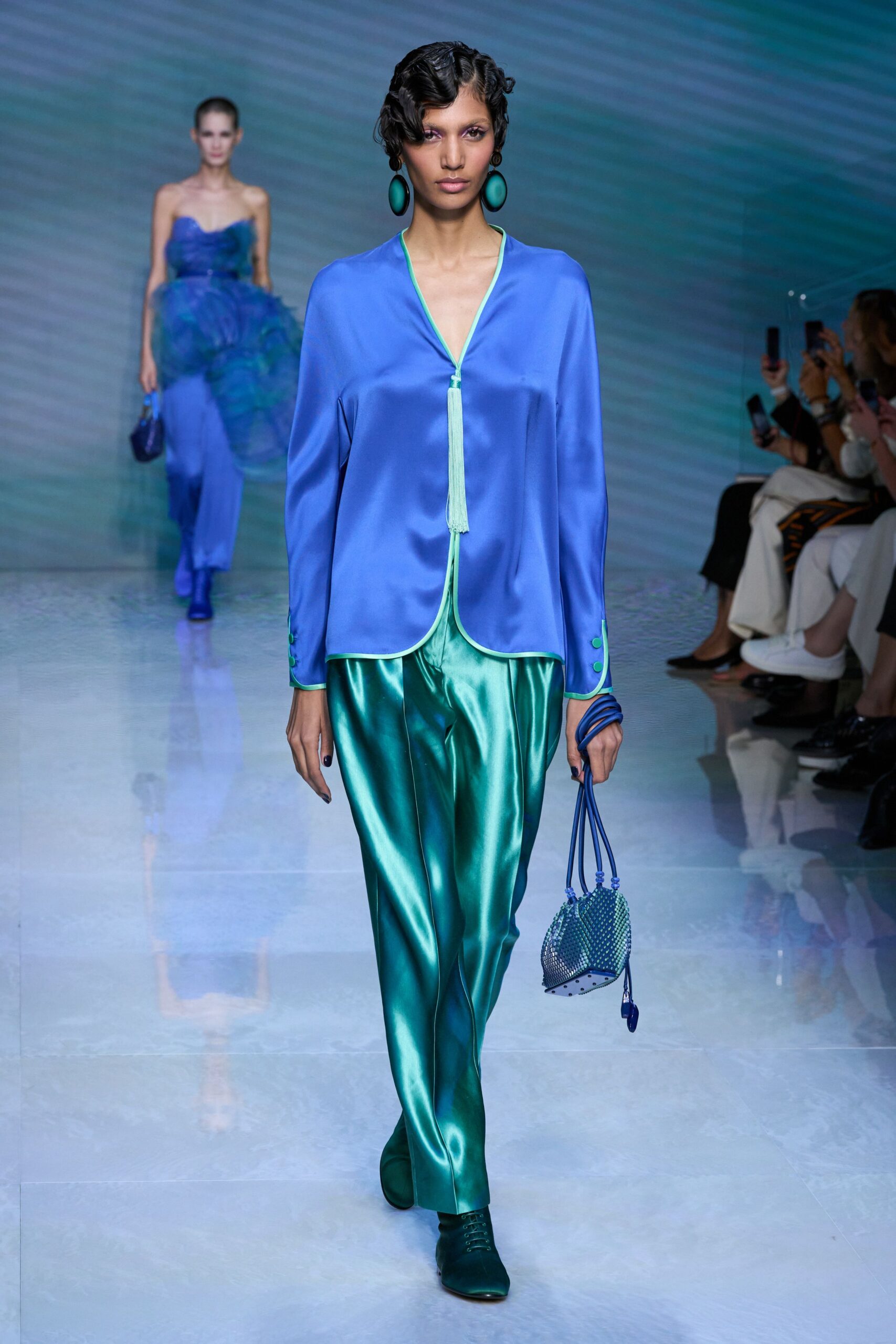 blue silk long-sleeve collared relaxed shiny shirt