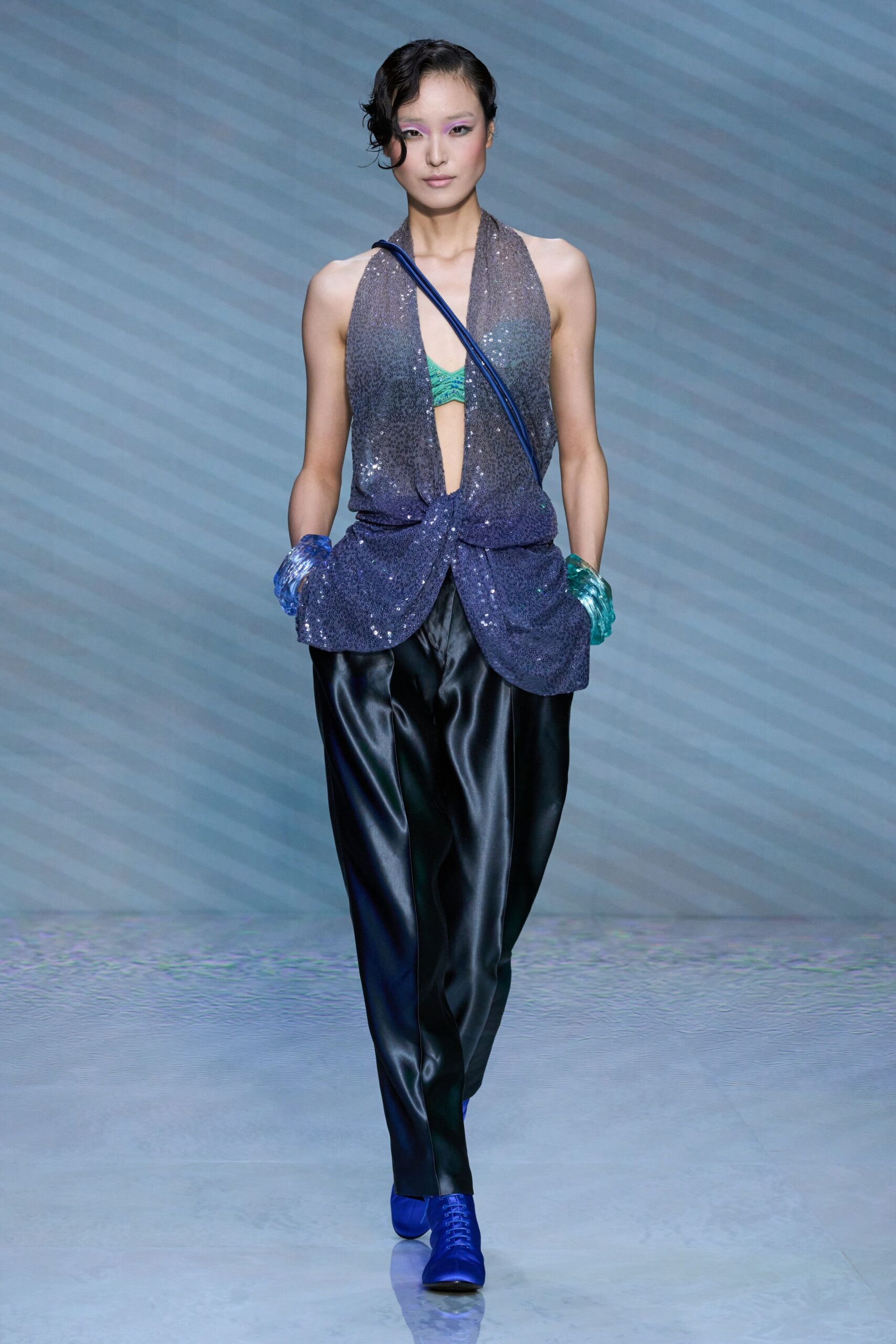 blue silk sleeveless v-neck fitted sequined draped top