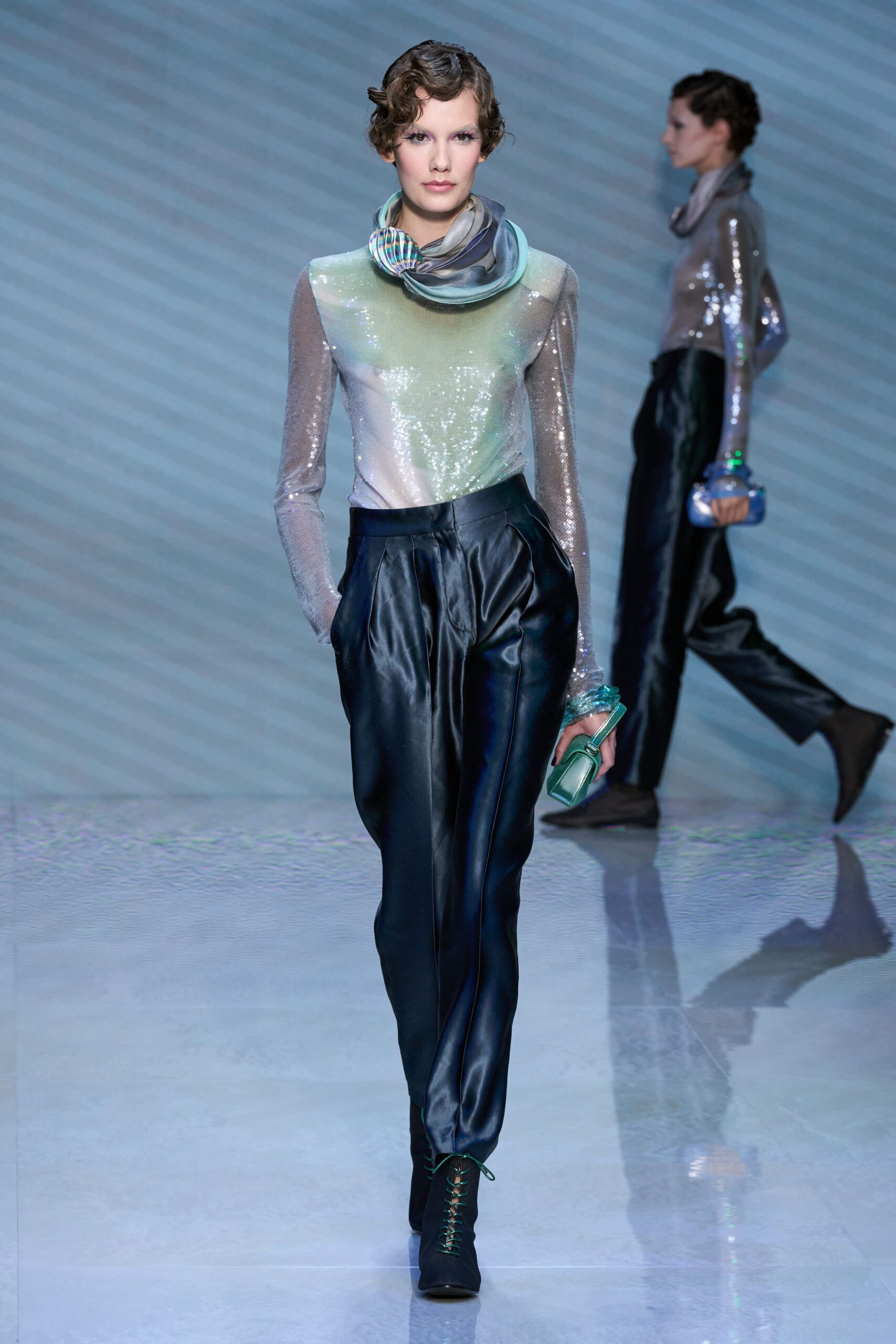 clear sequin long-sleeve high-neck fitted sheer shiny top