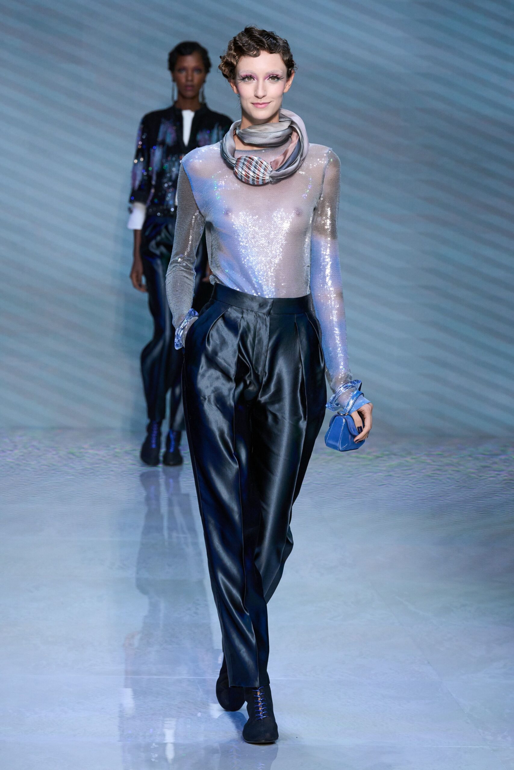 gray satin long-sleeve high-neck fitted shiny top