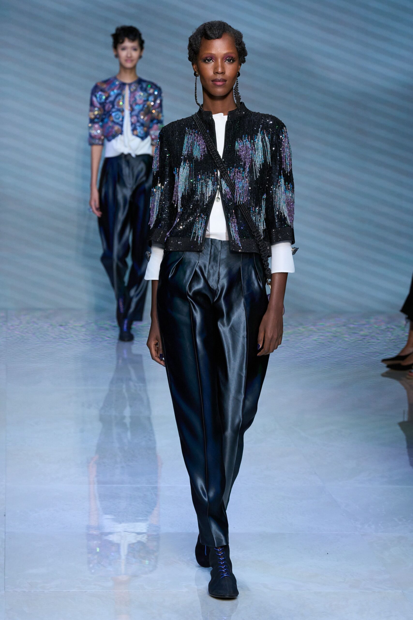 black sequin long-sleeve collared fitted embellished shiny jacket
