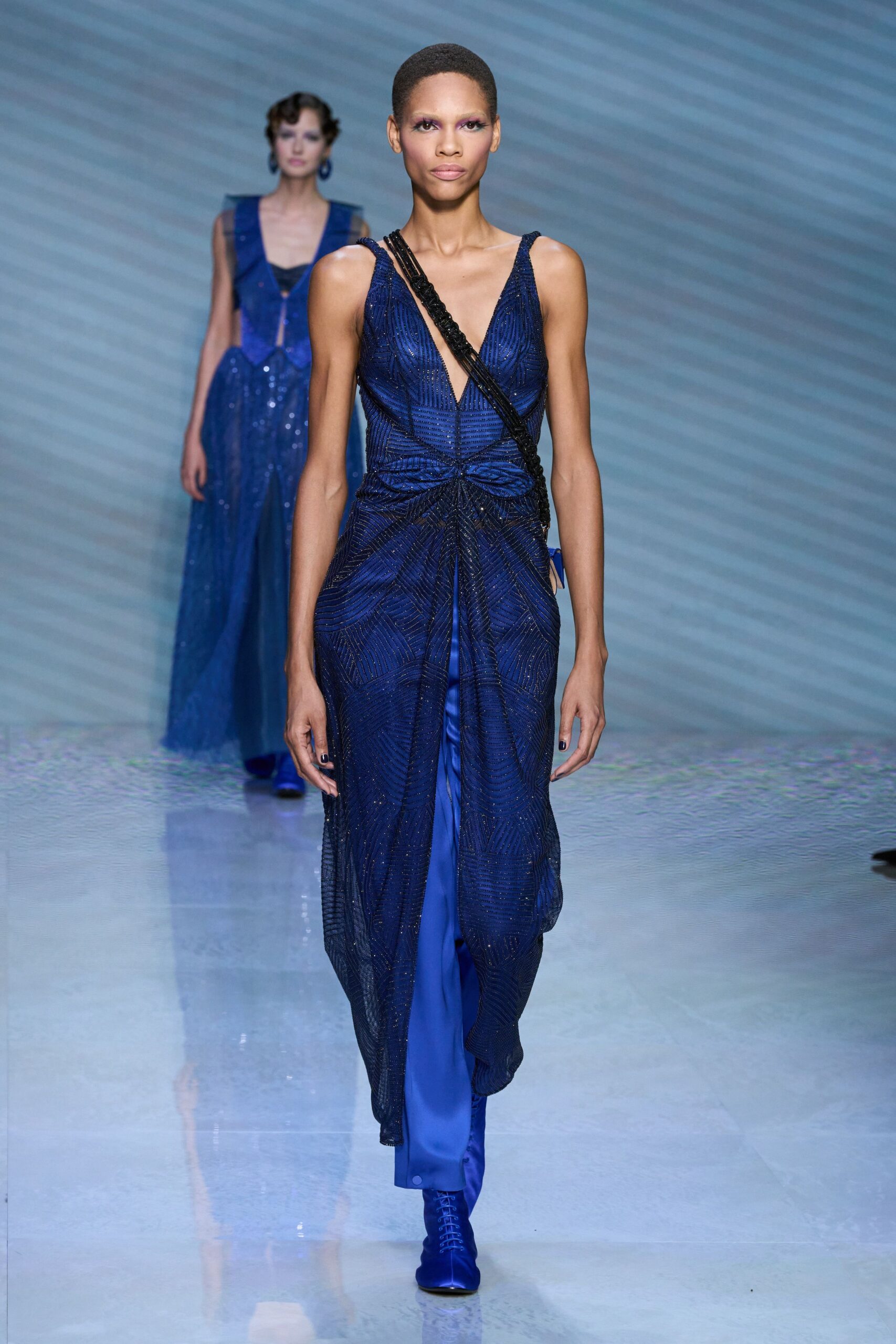 blue silk sleeveless gown
