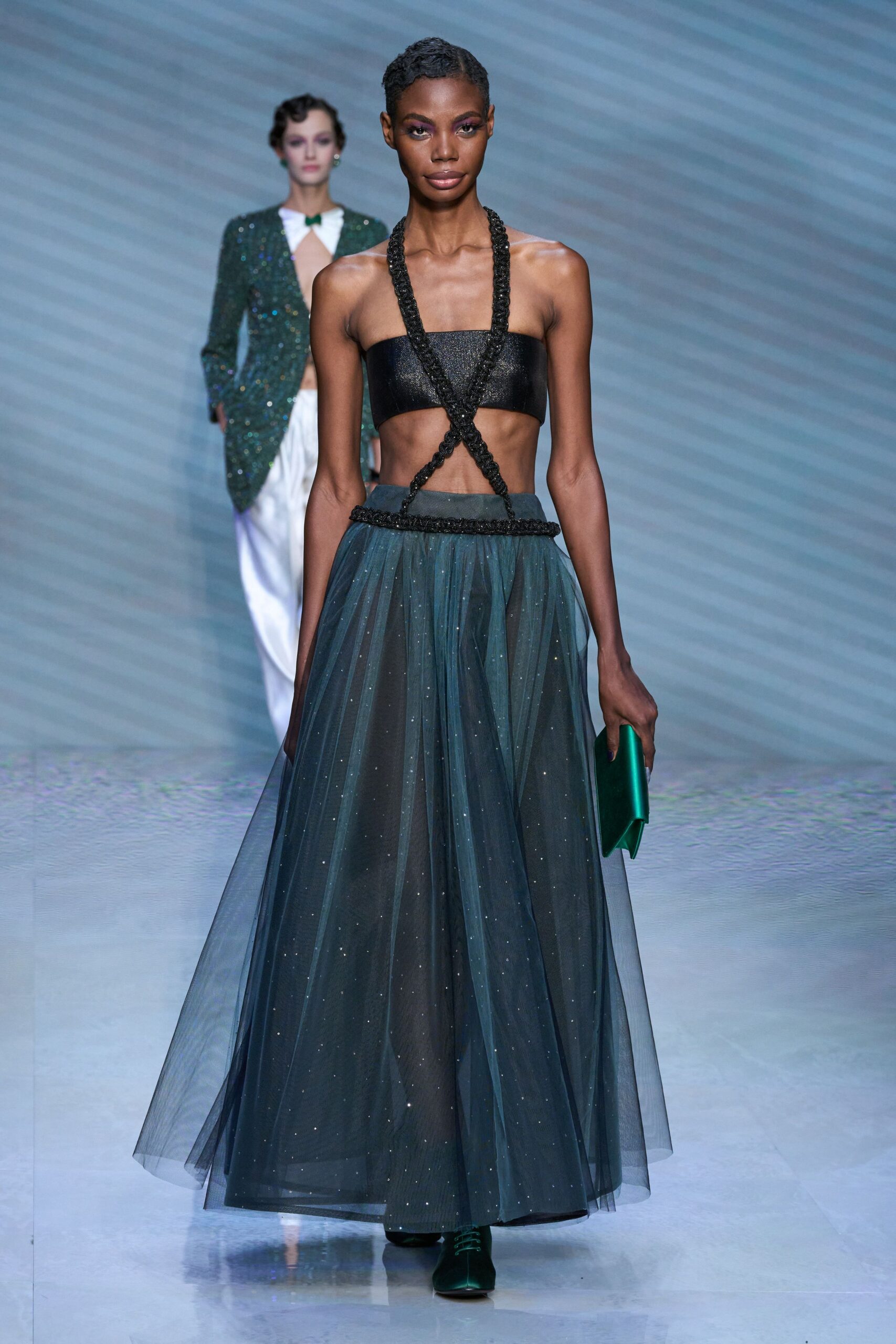 black tulle sleeveless v-neck fitted pleated embellished gown