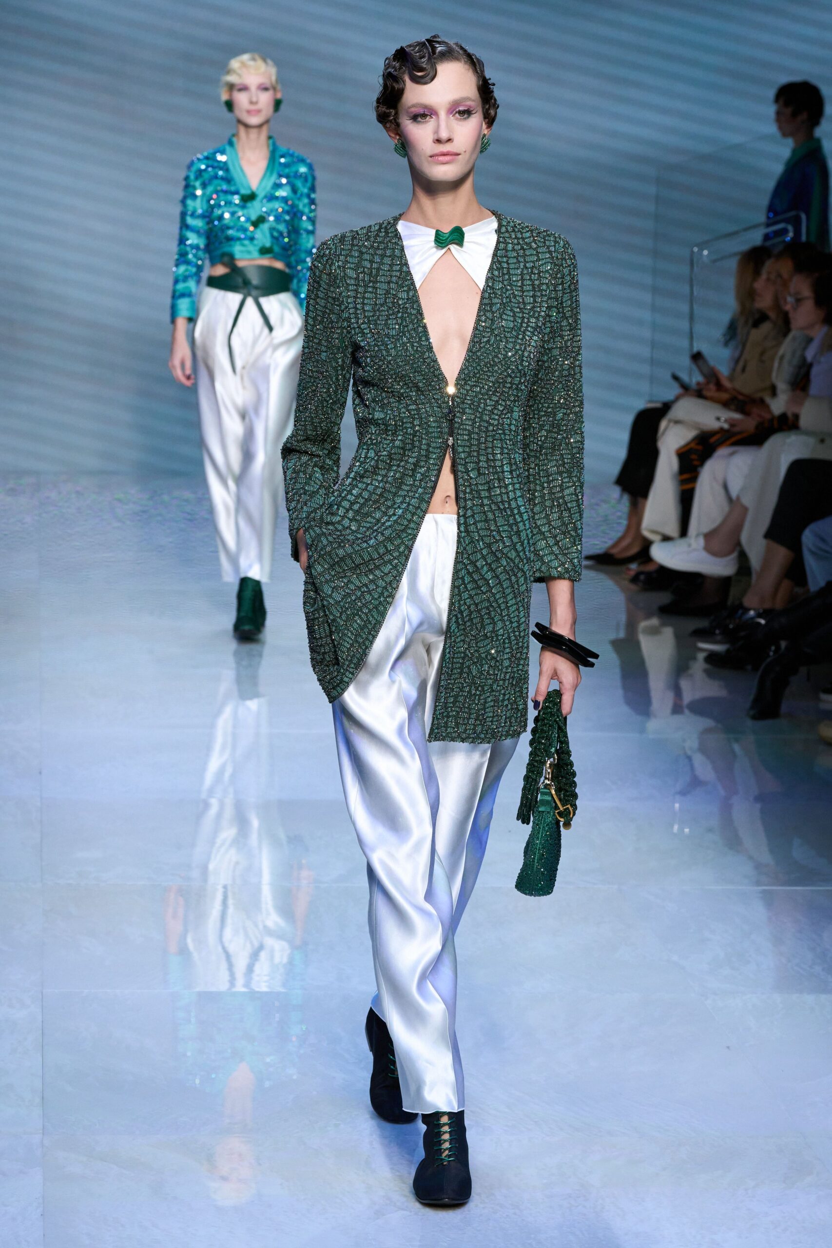 green silk long-sleeve v-neck fitted zippered embroidered jacket