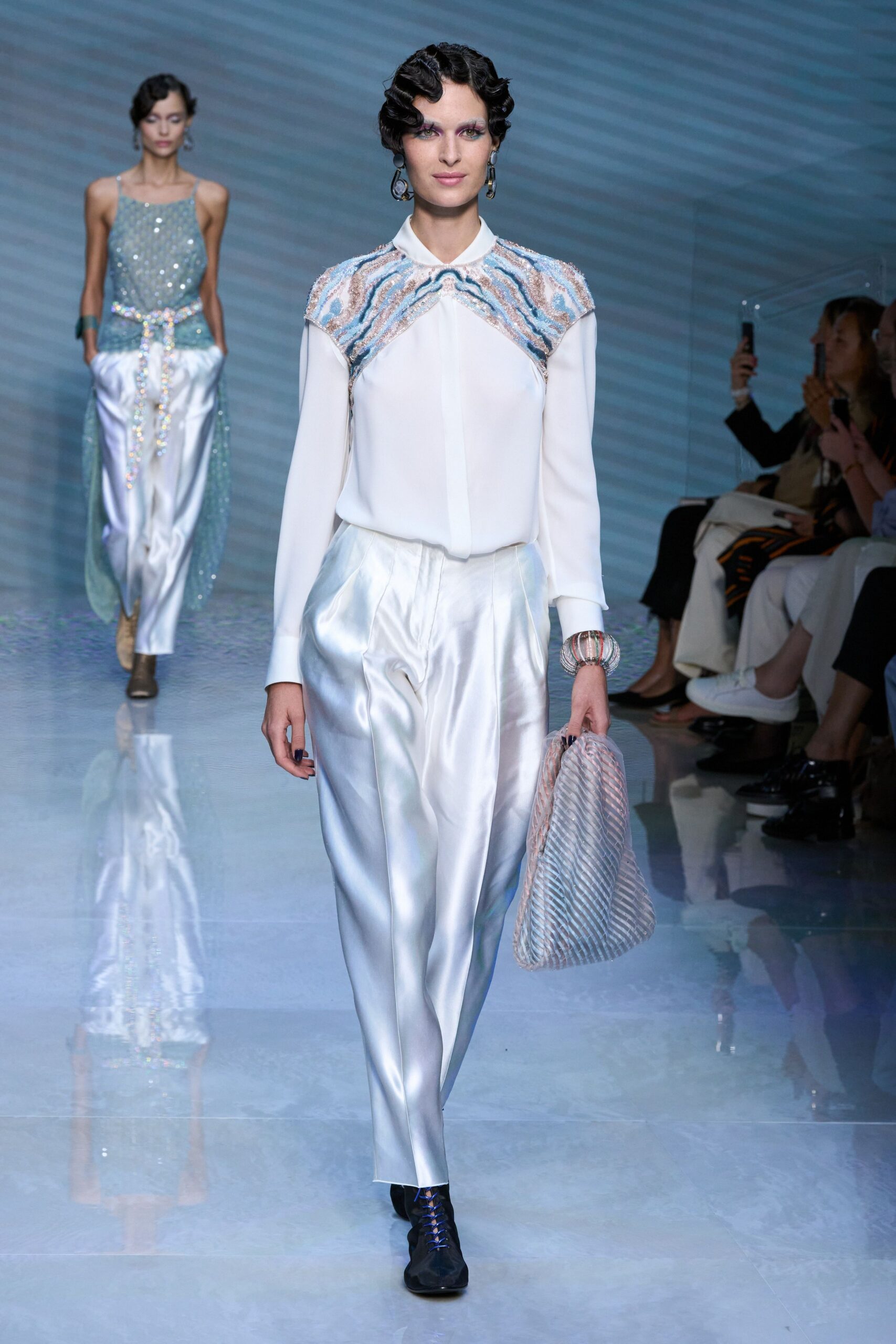 gray satin relaxed straight-leg shiny pants