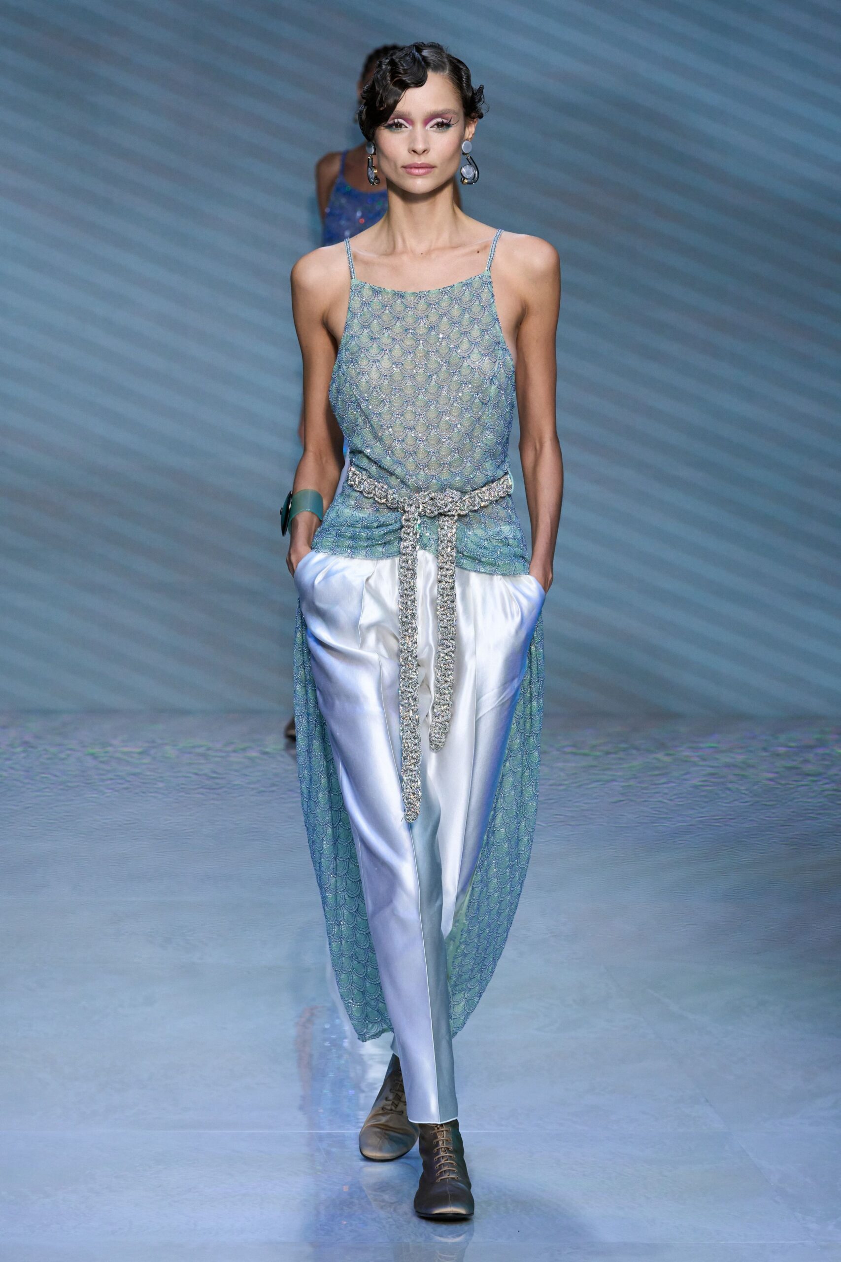 blue silk sleeveless v-neck relaxed embroidered sheer top