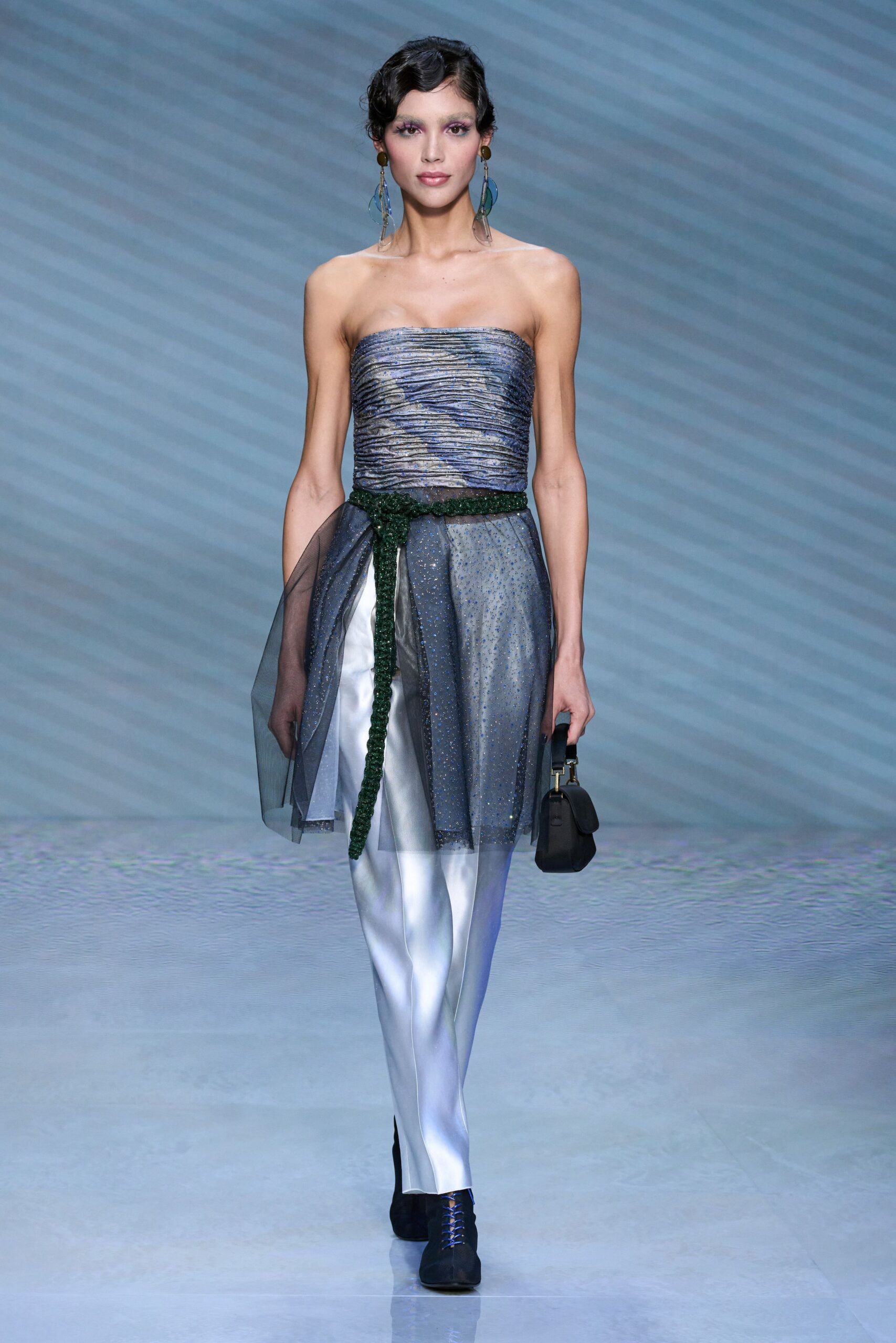 blue silk strapless fitted draped sheer top