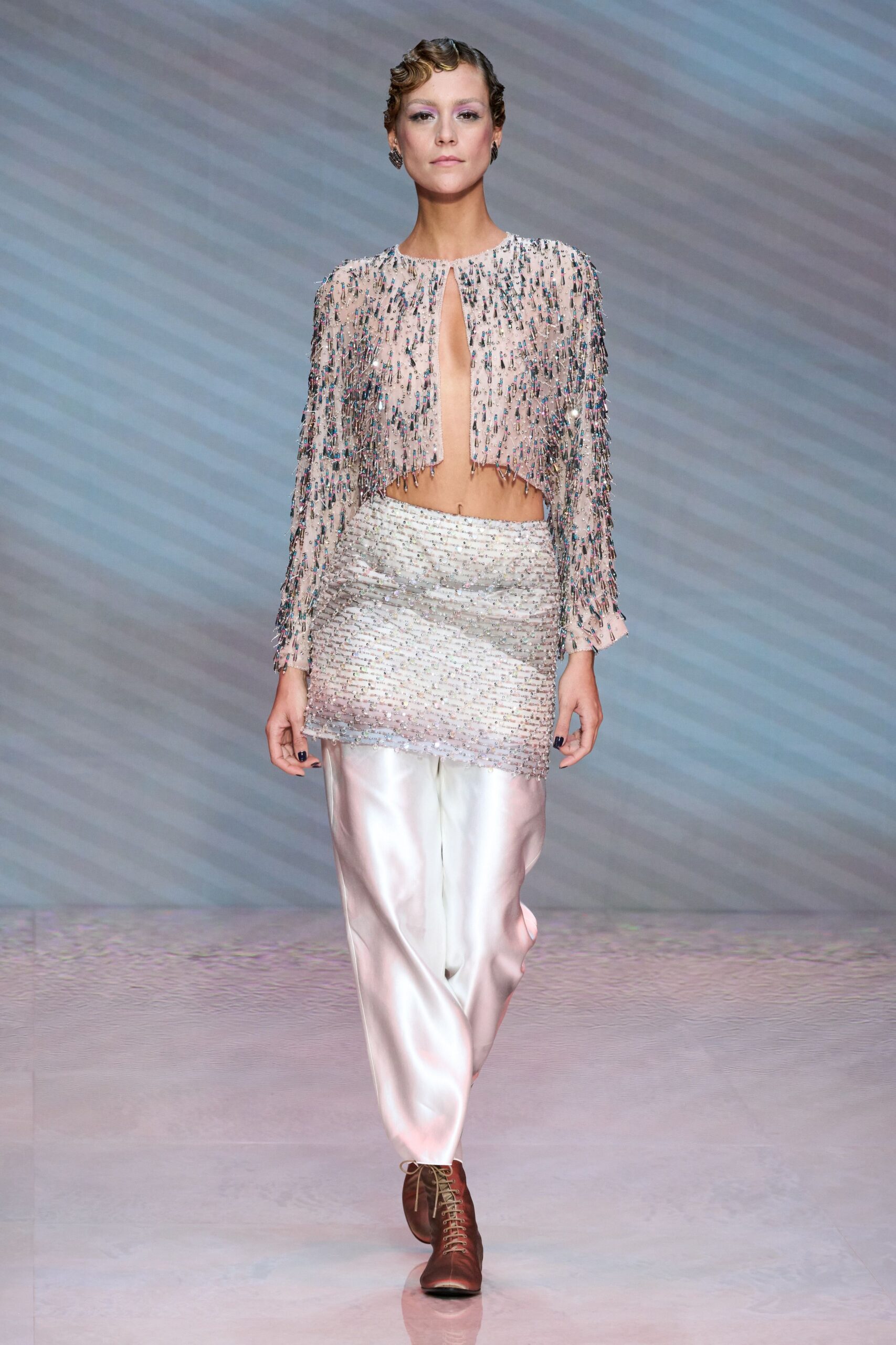 white silk fitted beaded tiered mini skirt