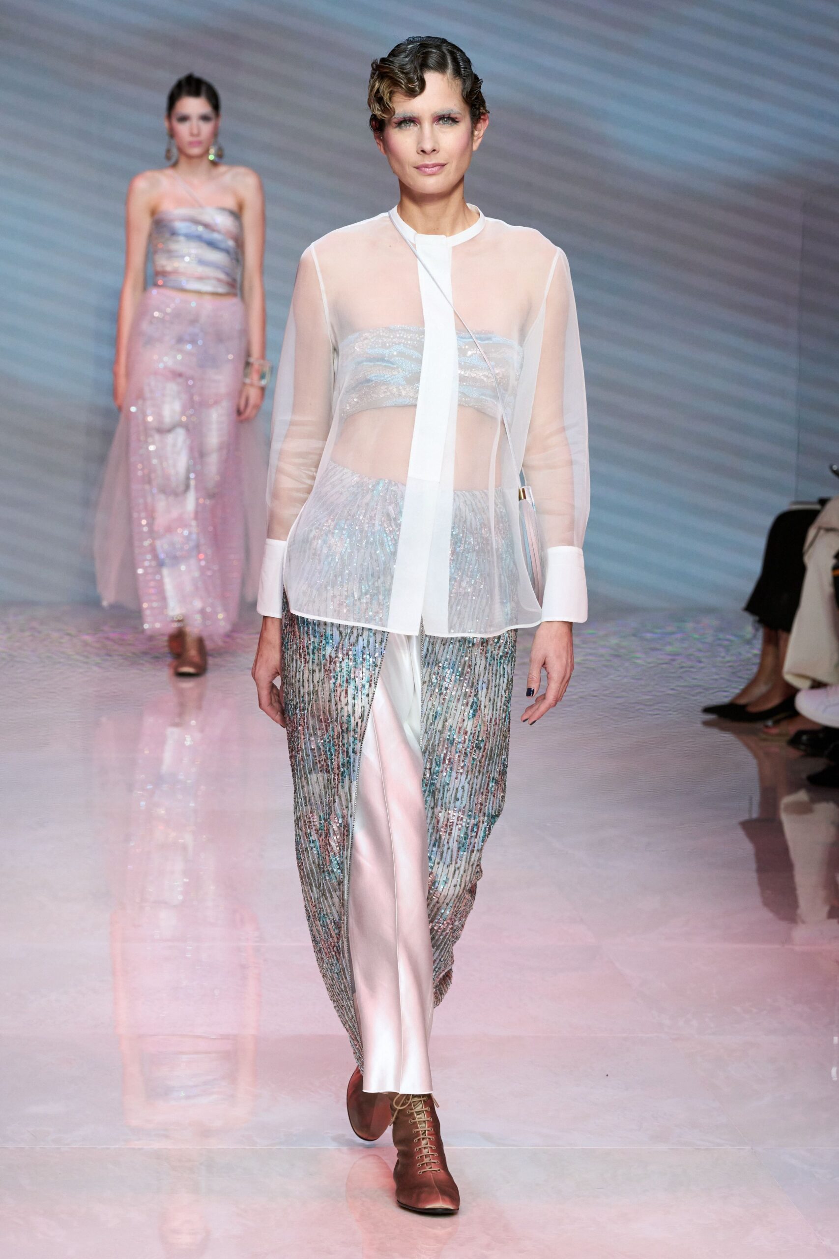 white chiffon long-sleeve collared fitted sheer flowing top