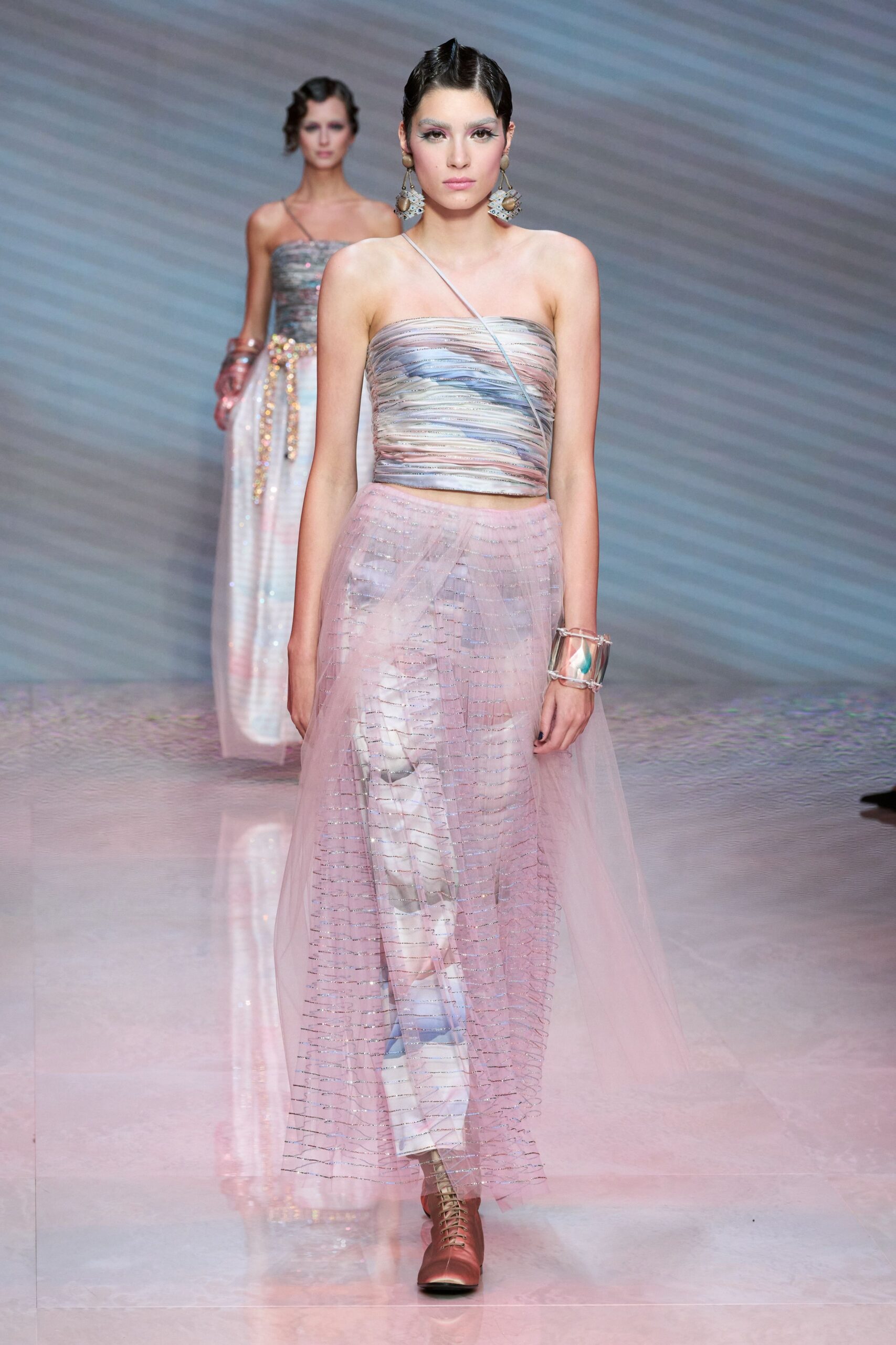 pink silk sleeveless off-shoulder fitted layered pleated gown