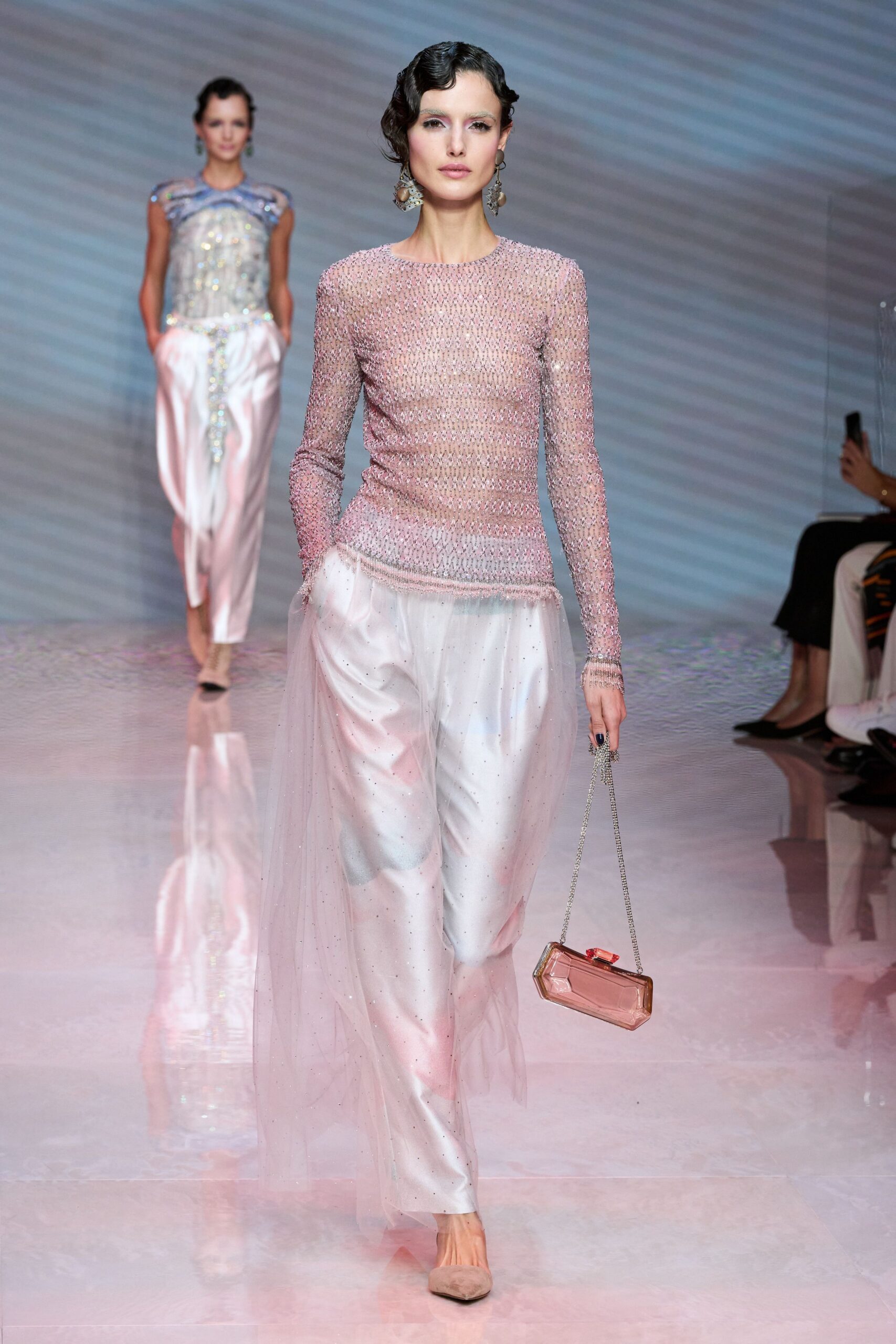 pink silk long-sleeve high-neck fitted beaded shiny top