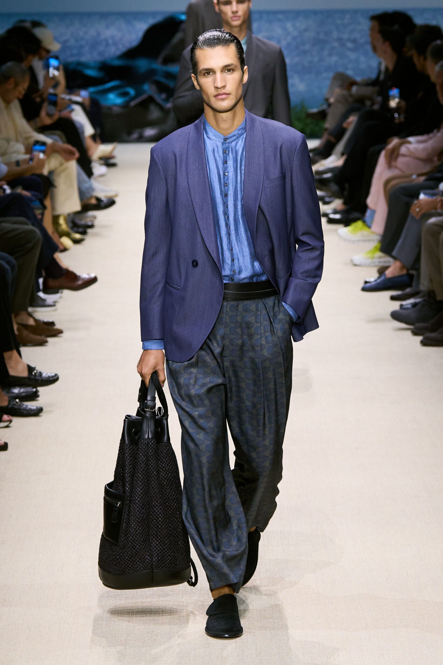 blue tailored blazer with gray pants