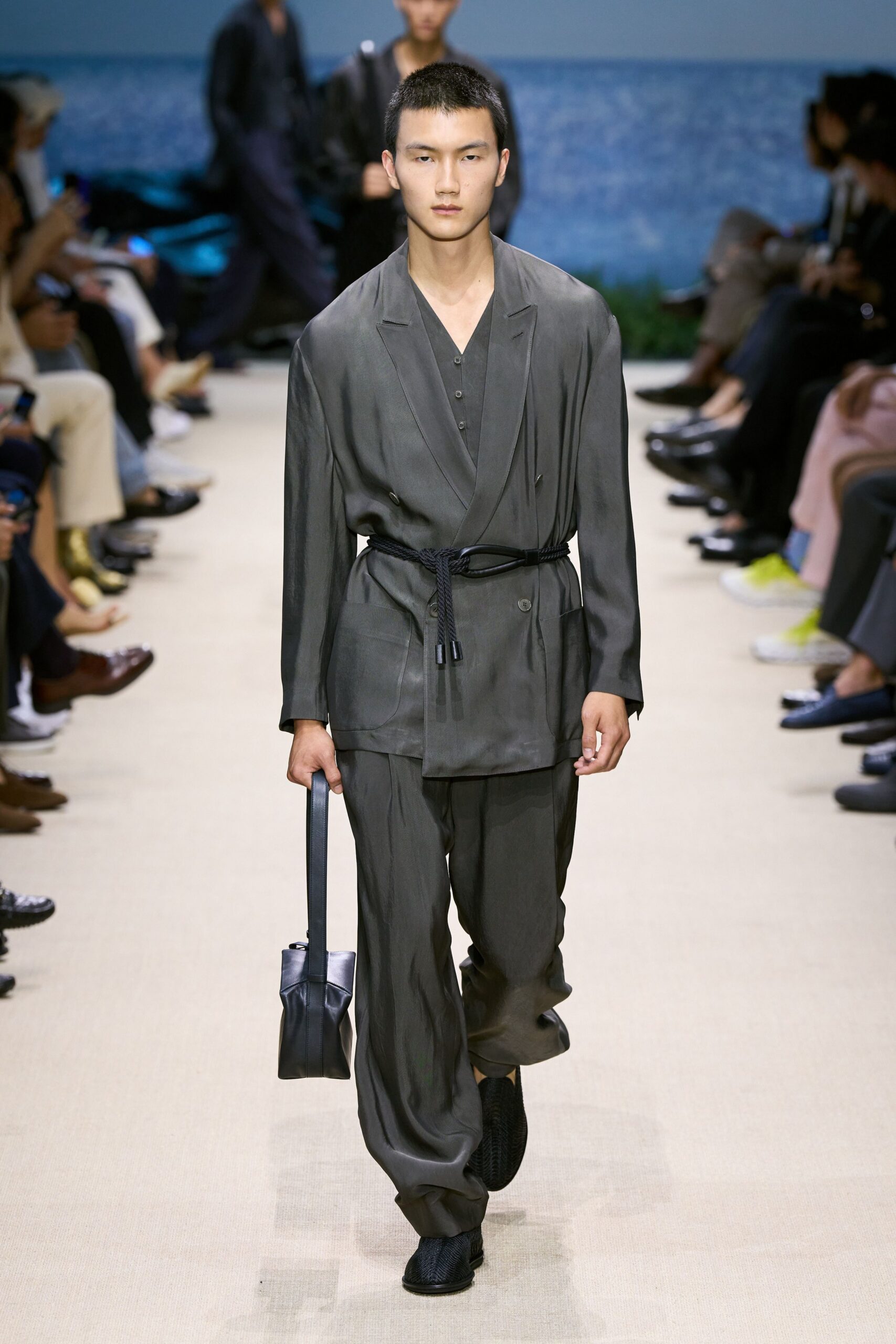 gray silk long-sleeve collared relaxed zippered suit