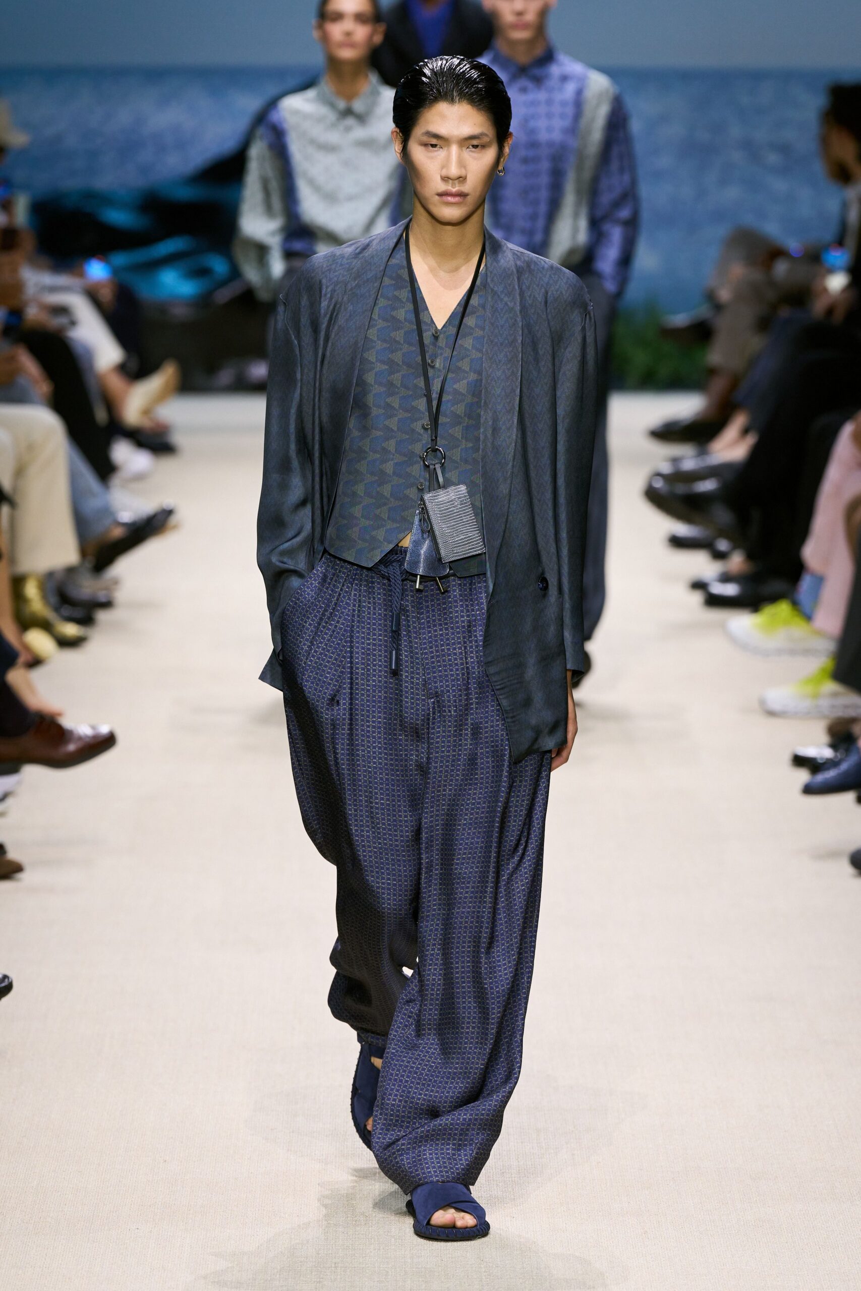 blue silk long-sleeve collared relaxed layered jacket