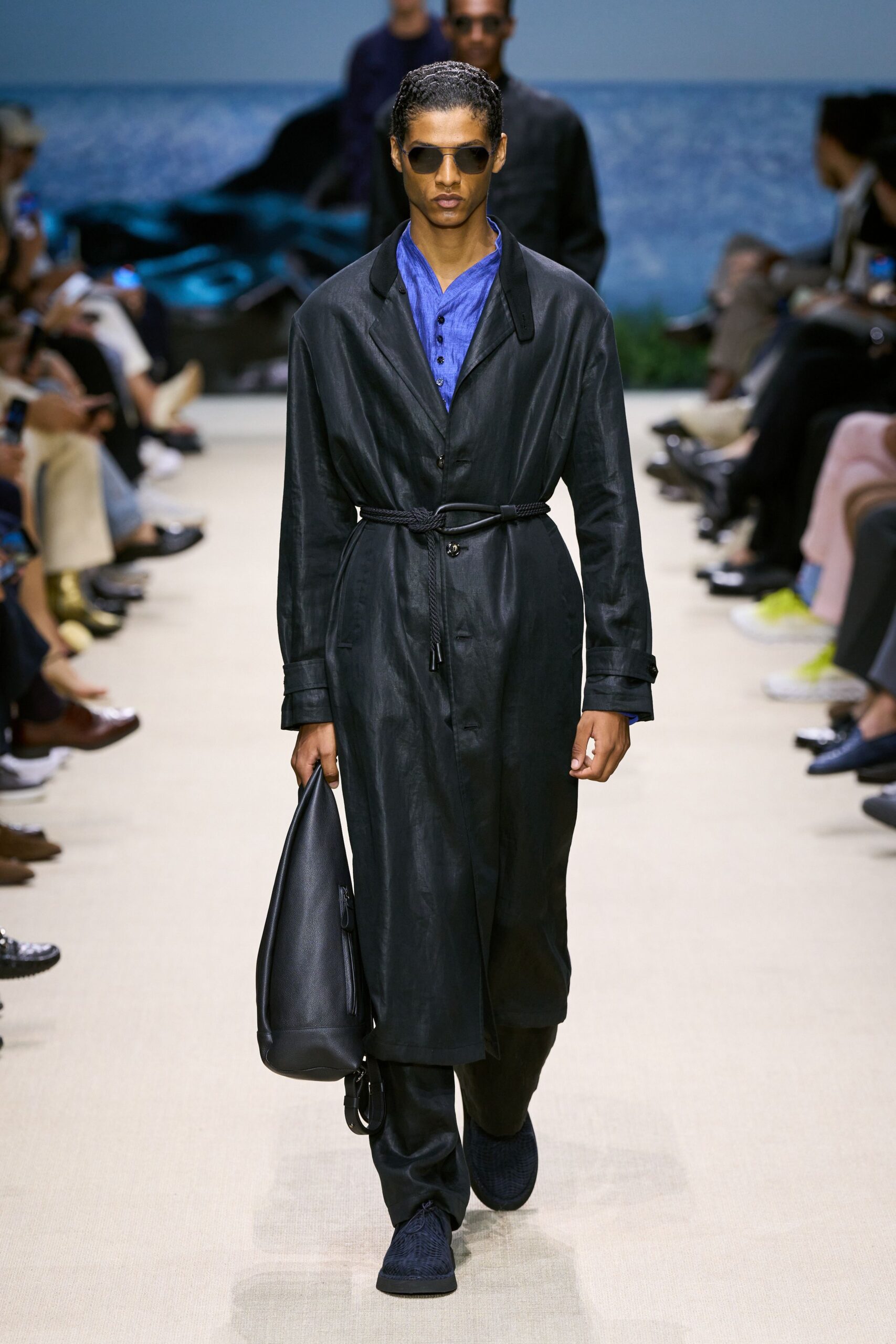 black leather long-sleeve collared fitted belted coat