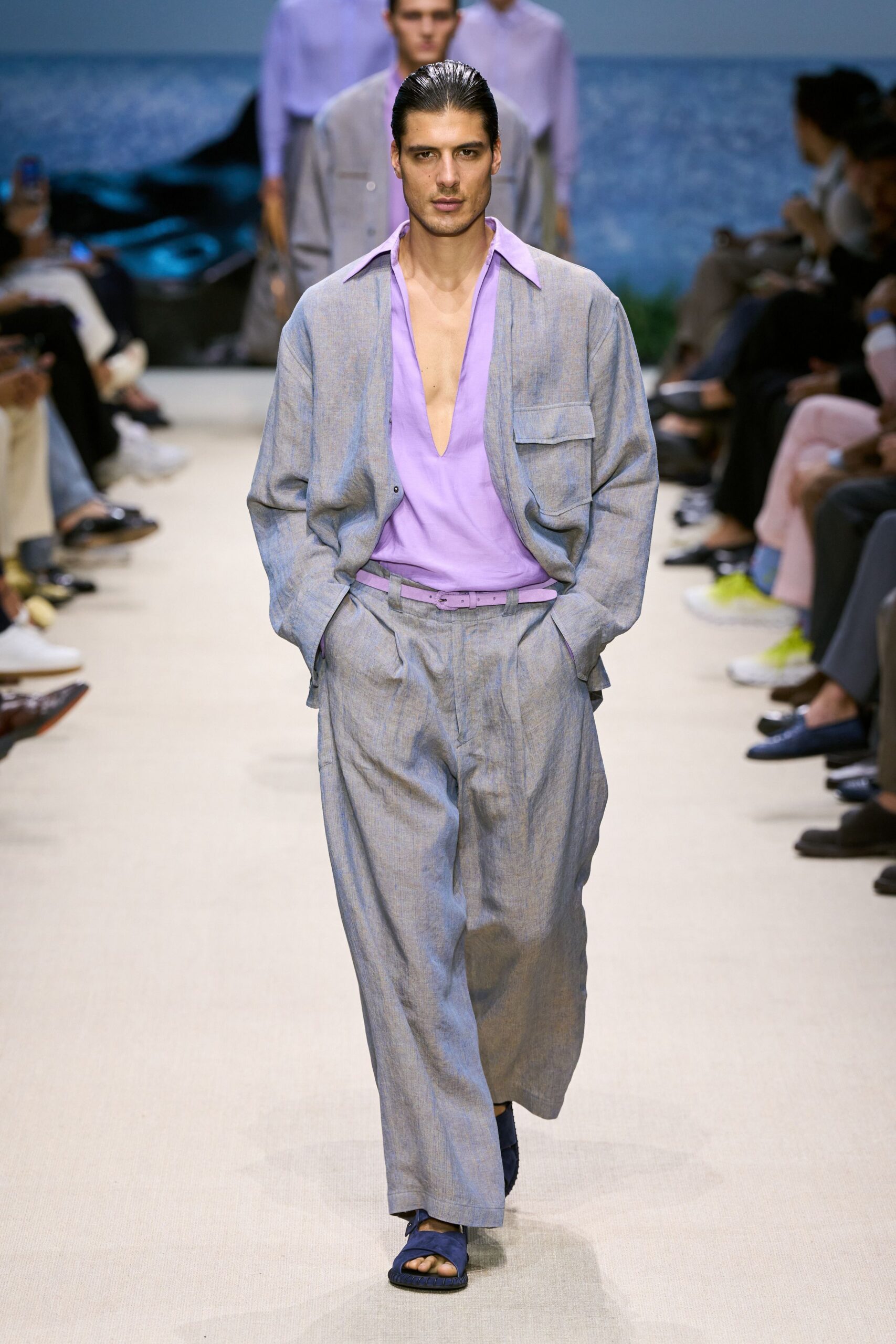 purple cotton long-sleeve v-neck relaxed shirt