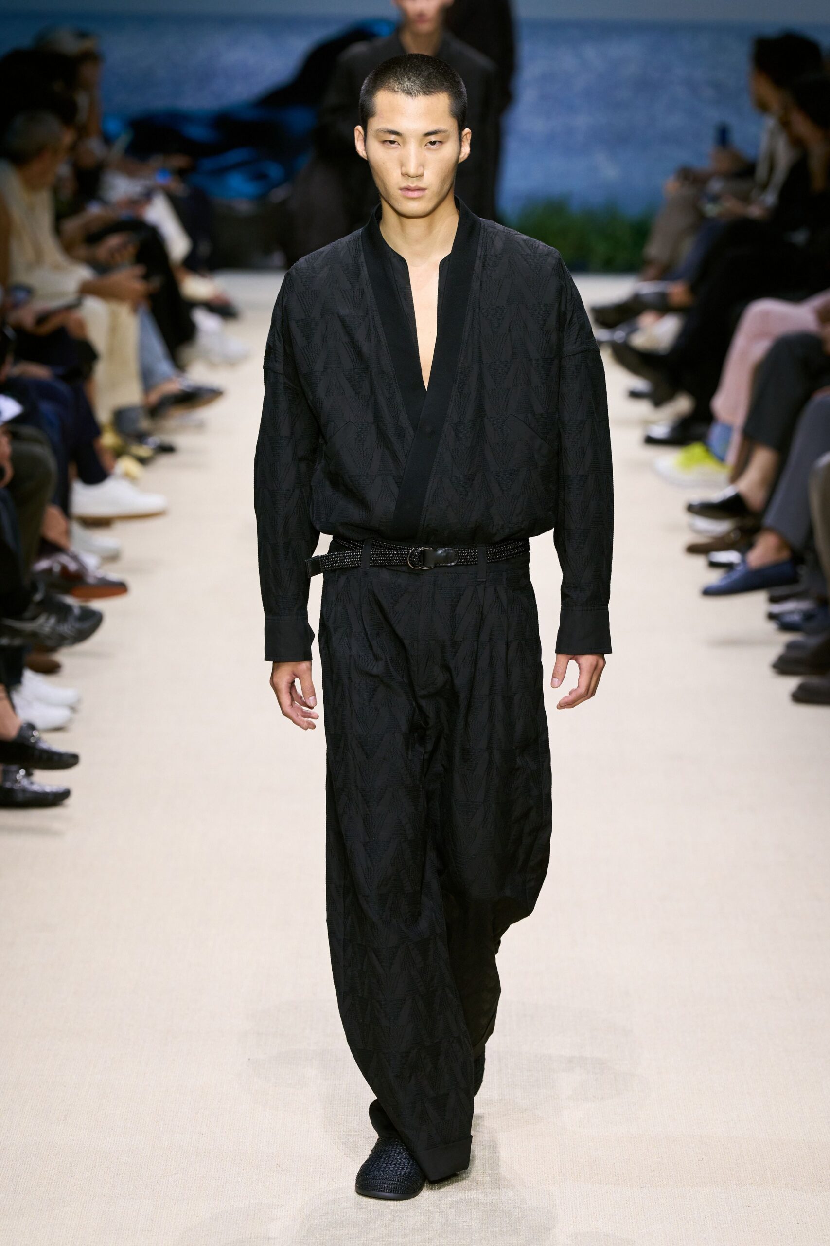 black cotton long-sleeve v-neck relaxed pleated jumpsuit