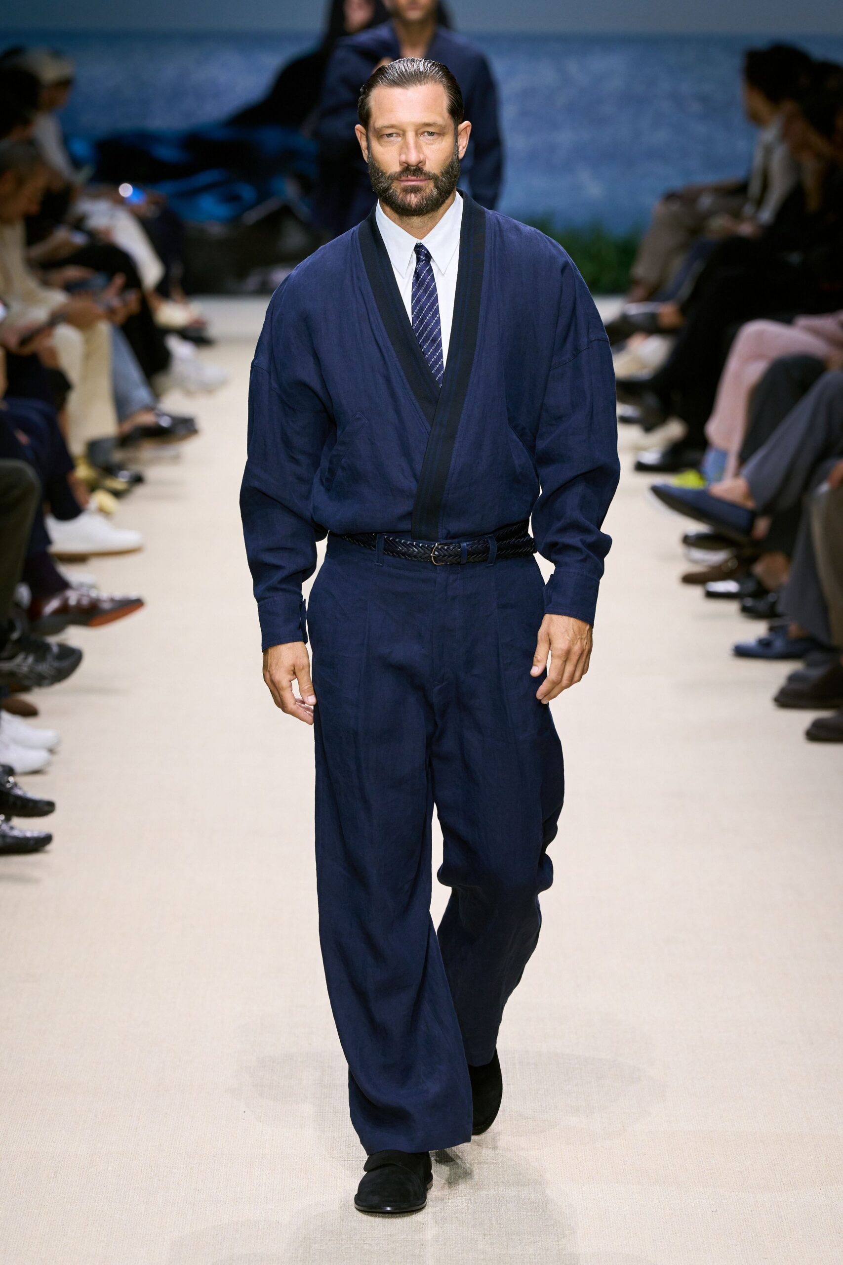 blue cotton long-sleeve collared relaxed zippered jumpsuit