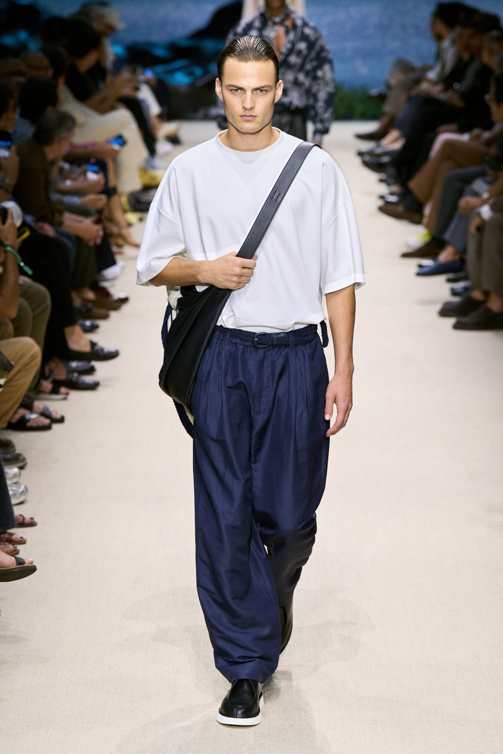 white relaxed t-shirt with blue pants