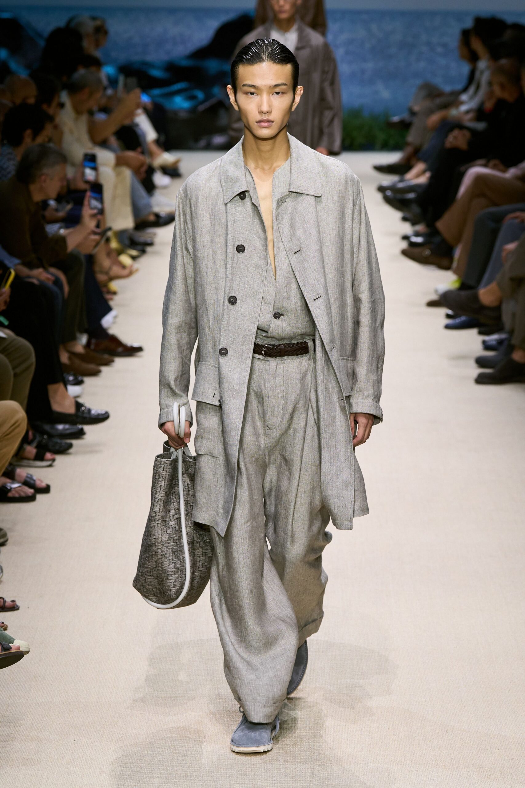 gray linen relaxed coat and pants