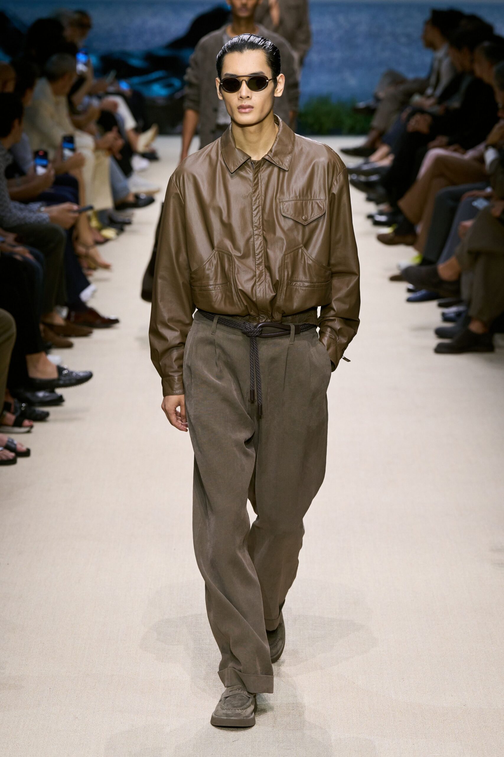 brown leather shirt gray pants