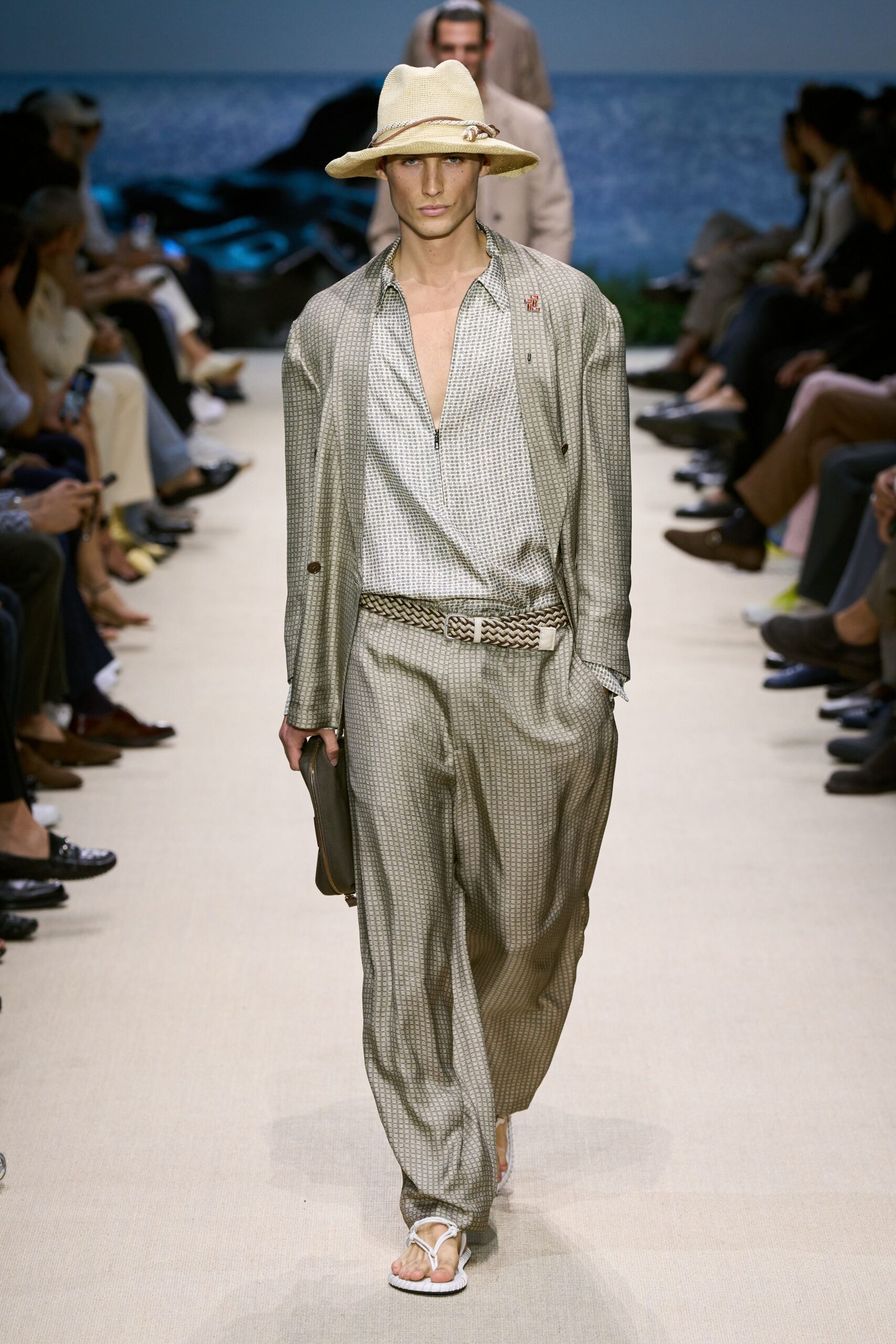 beige checked suit with hat