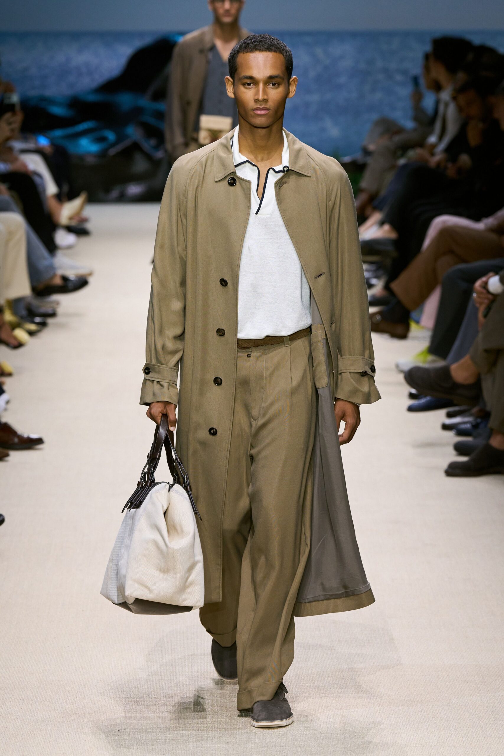 beige trench coat with white shirt