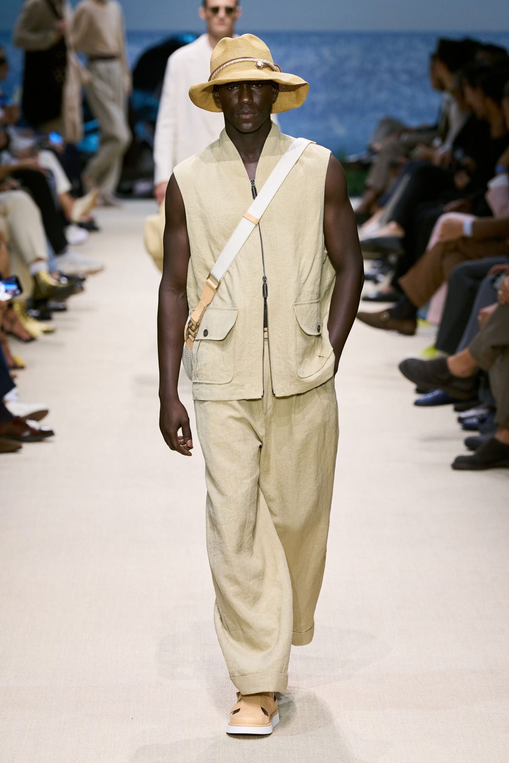 beige linen vest and pants