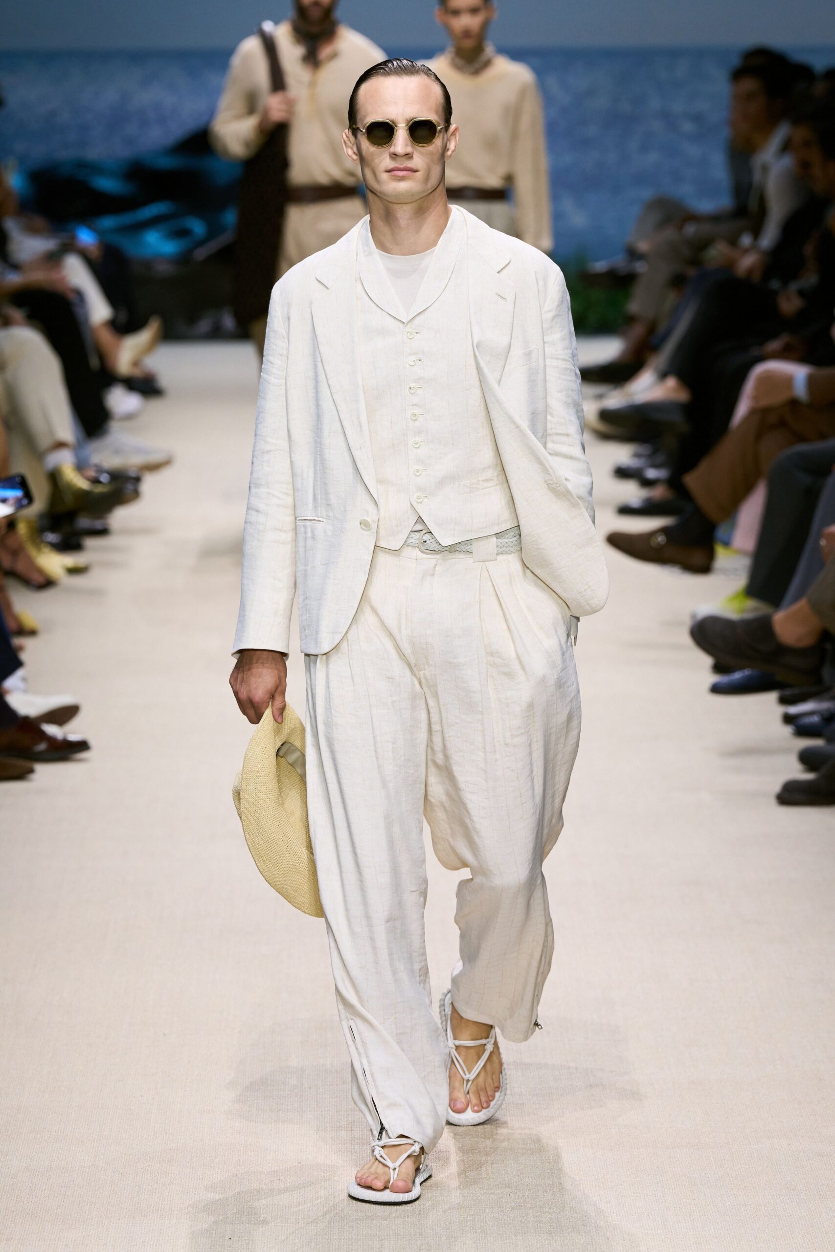 white linen suit with accessories