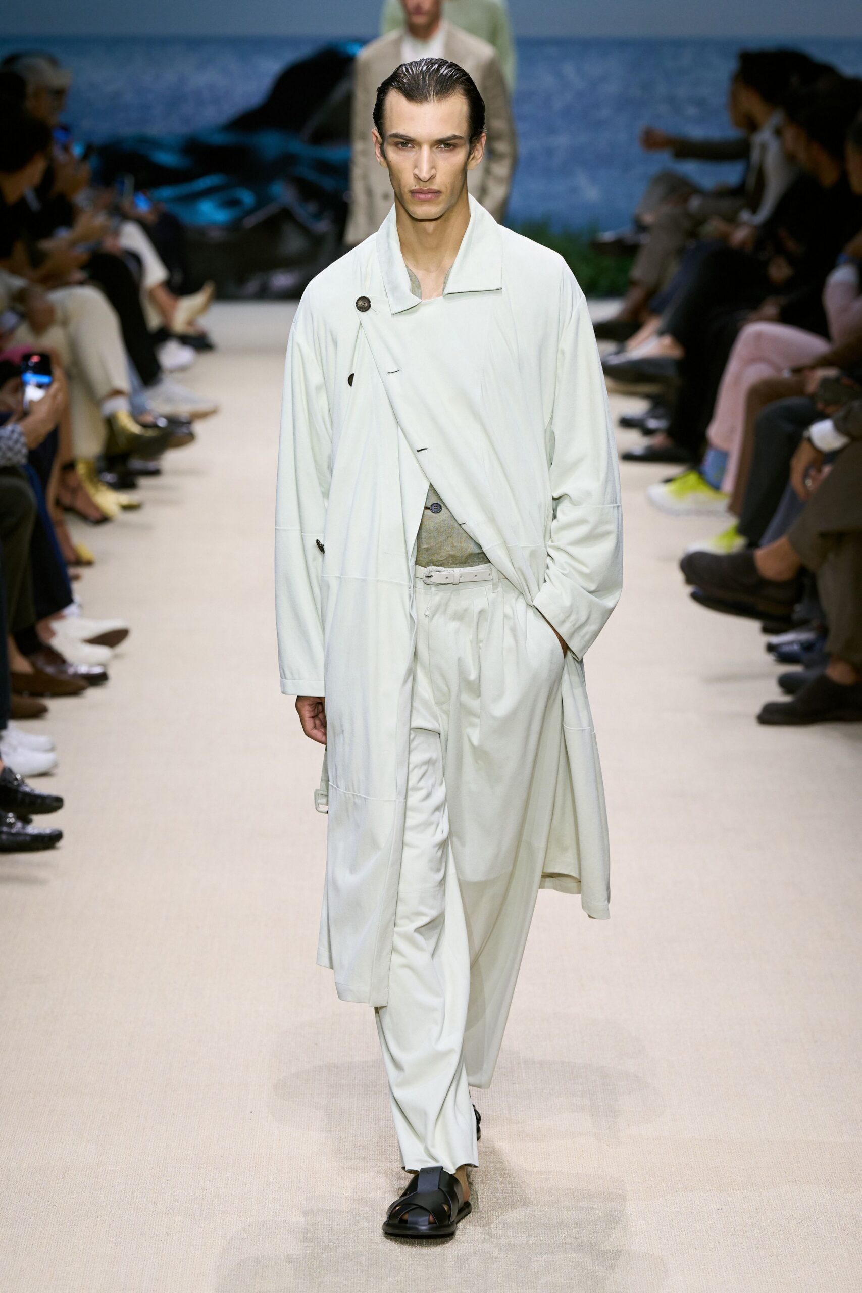 white cotton long-sleeve collared relaxed buttoned trench