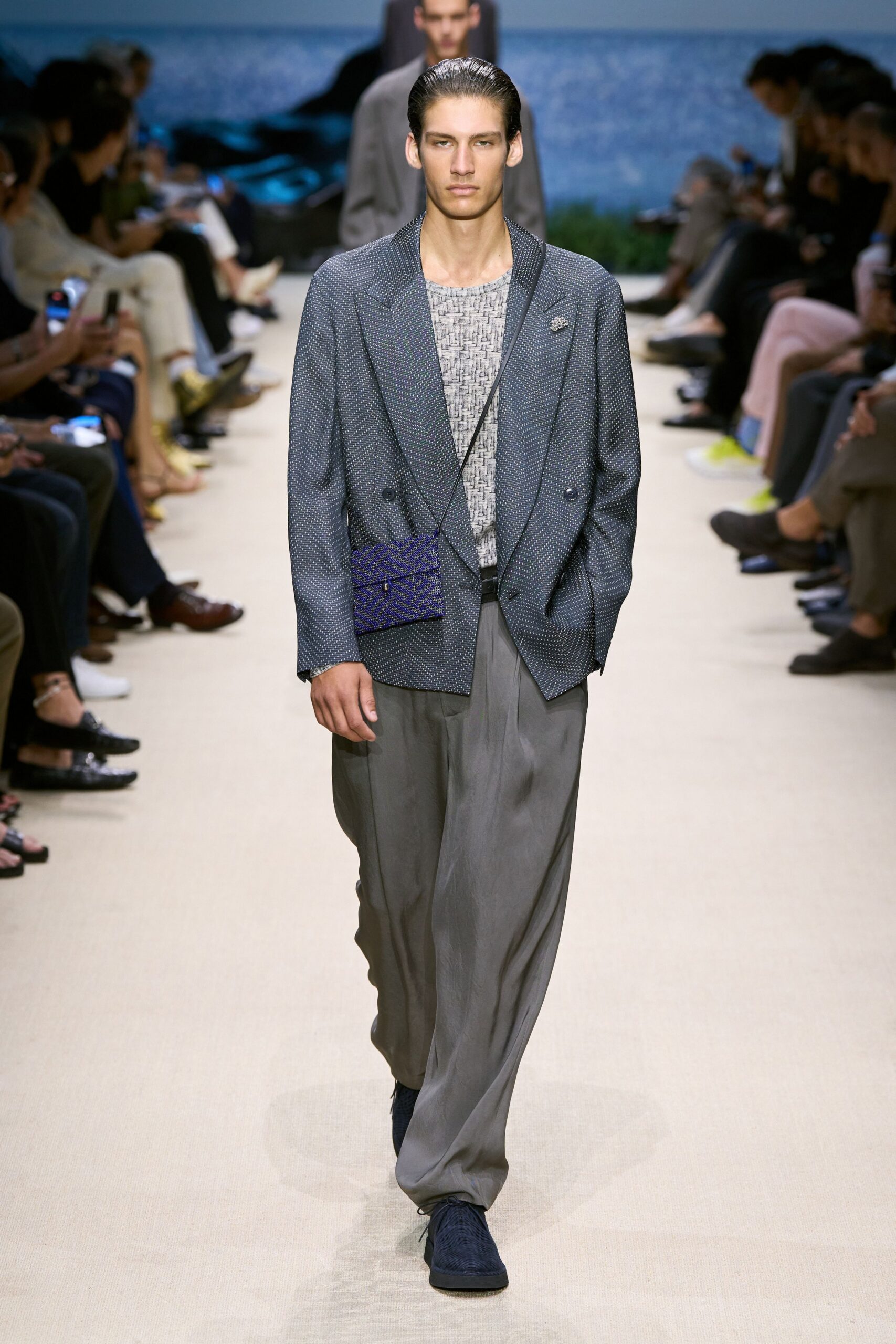 blue blazer with gray pants