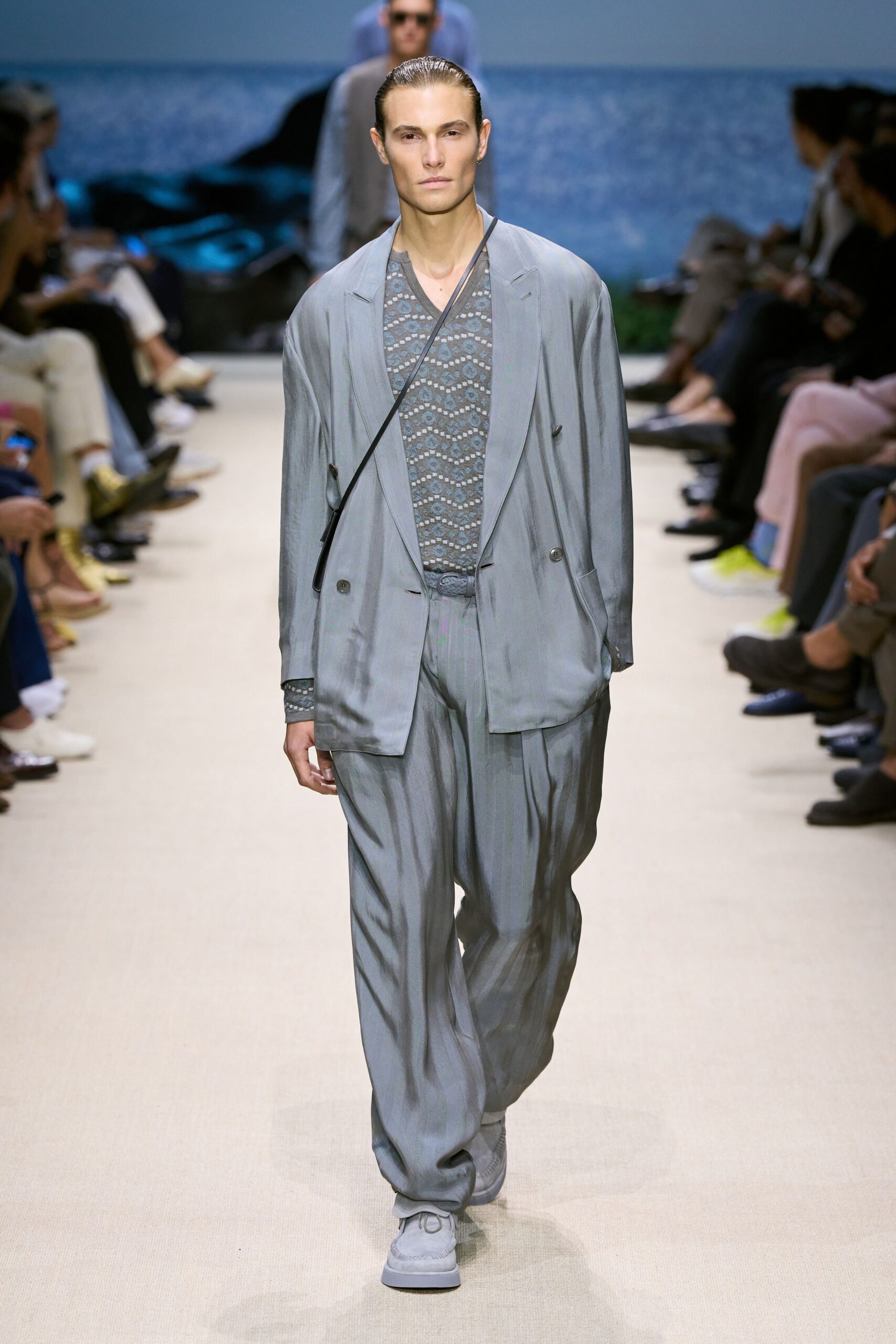 gray silk long-sleeve v-neck fitted layered shirt