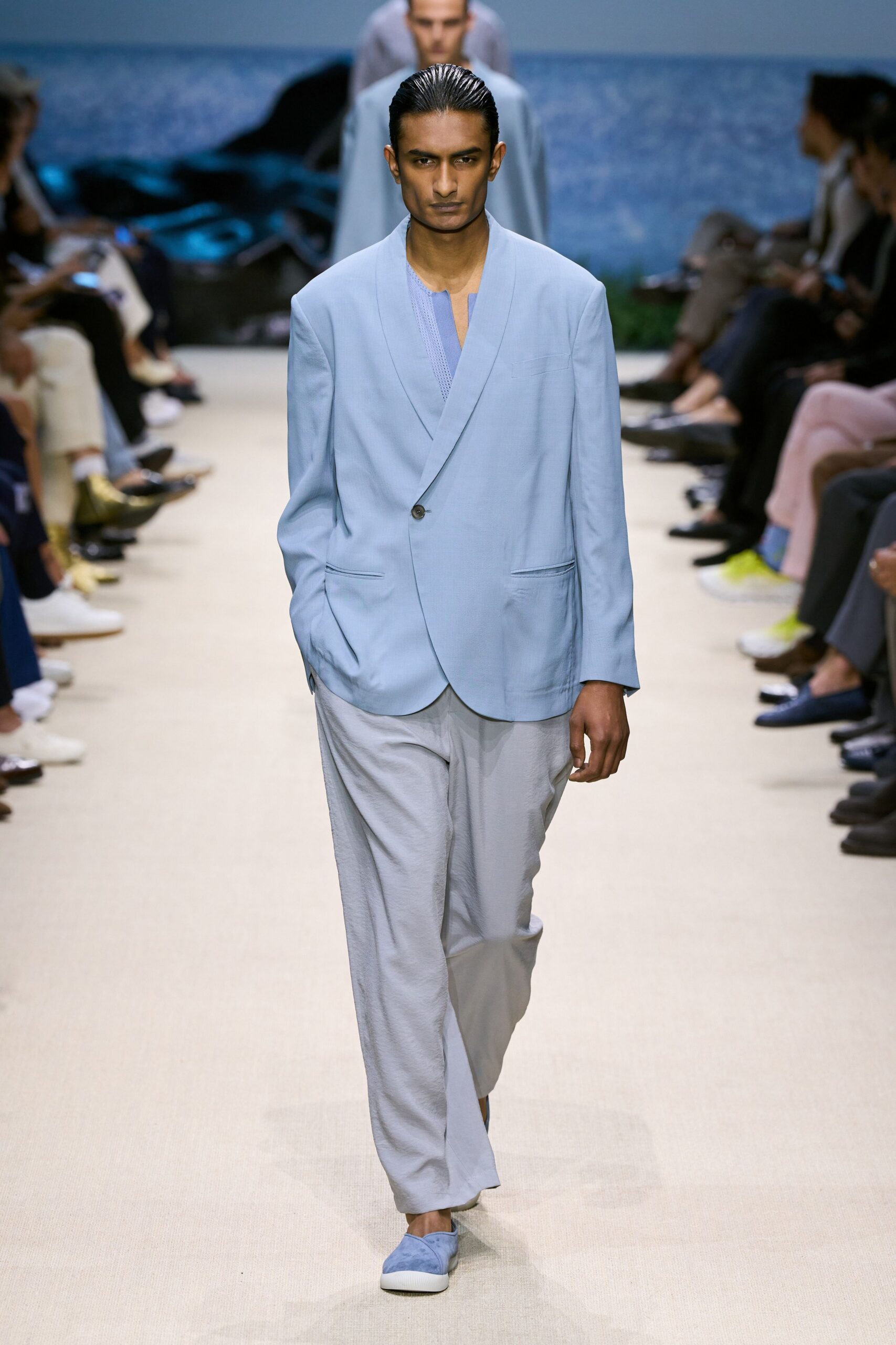 blue tailored blazer with relaxed pants