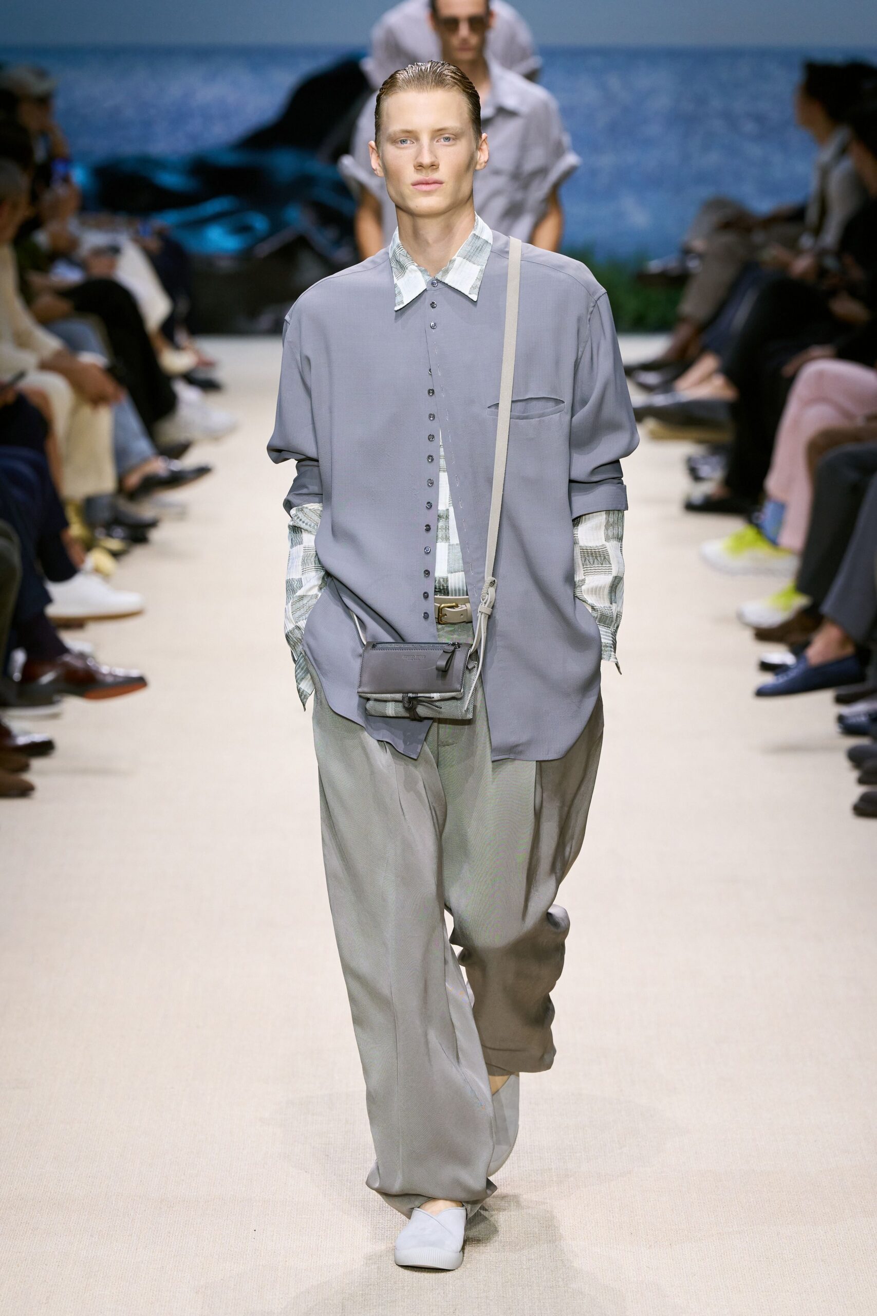 gray relaxed shirt with beige pants
