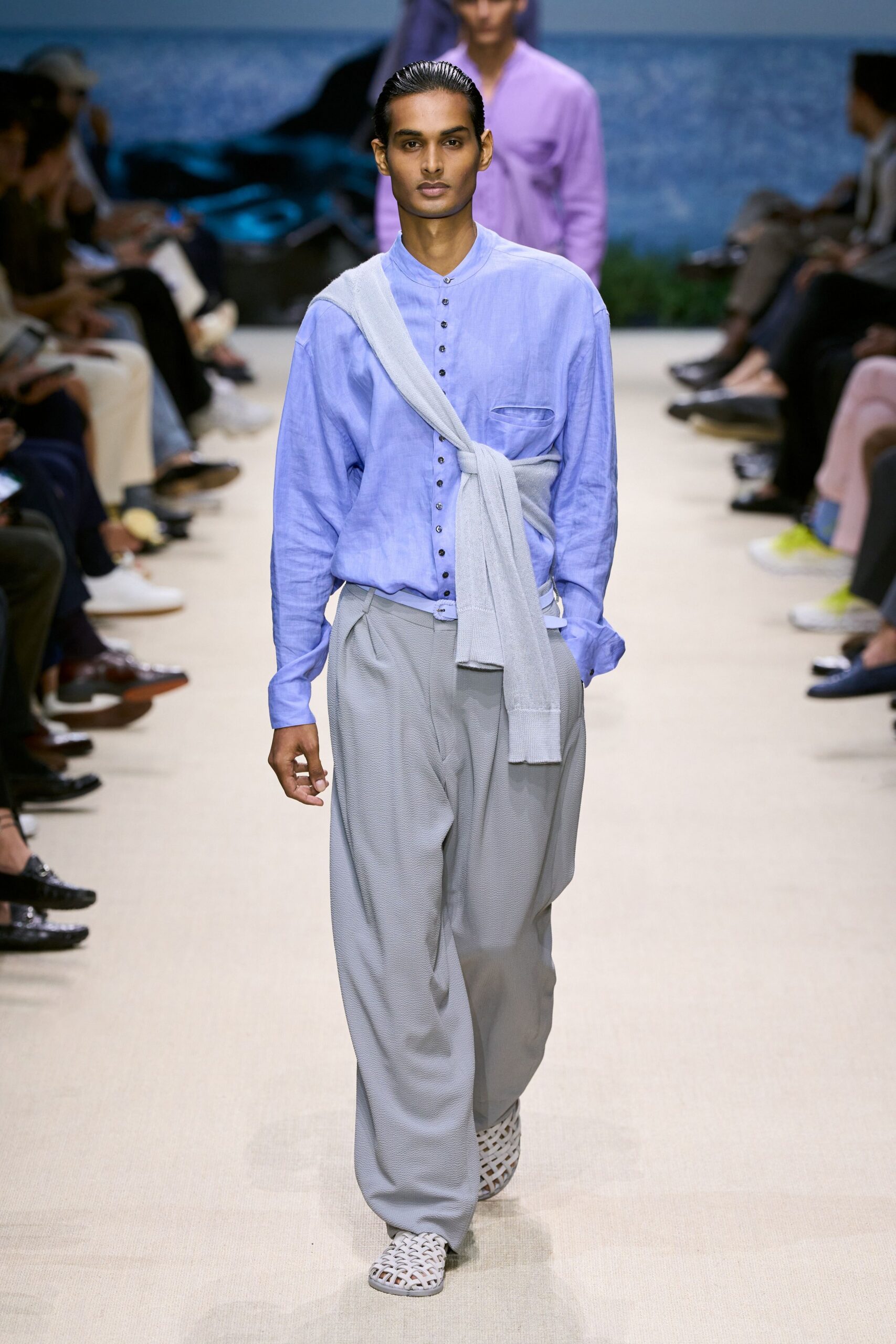 blue relaxed shirt gray pants