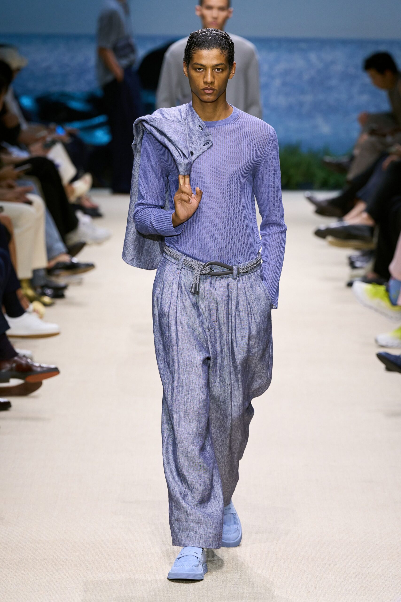 blue fitted top with relaxed pants