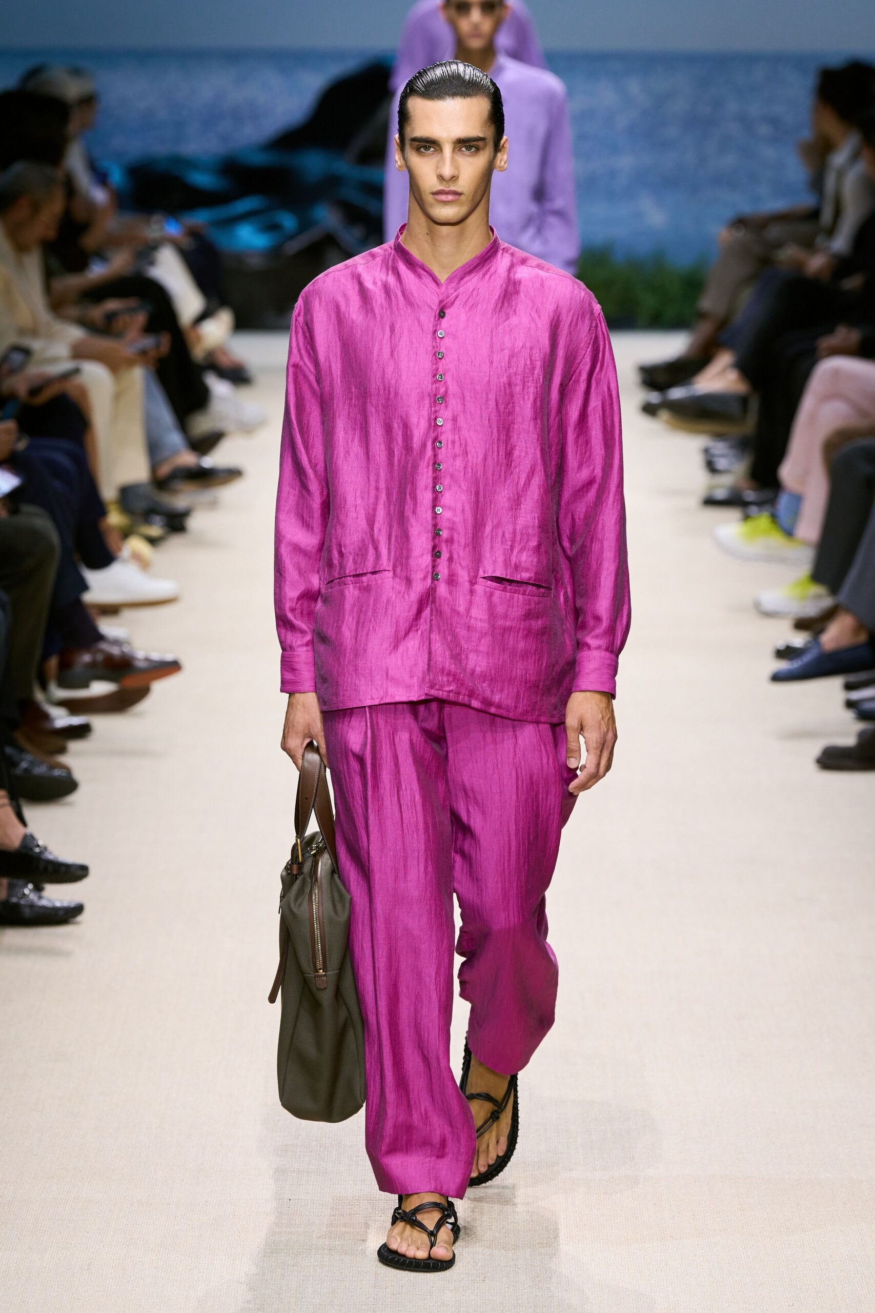 pink silk long-sleeve collared relaxed buttoned shiny shirt