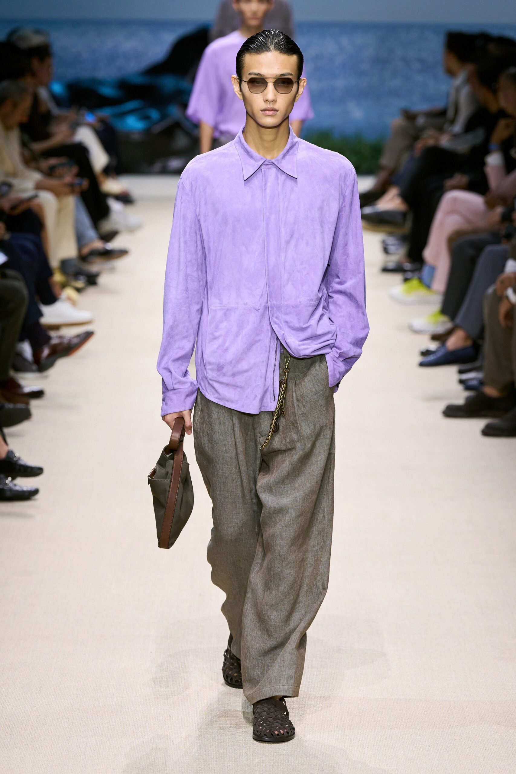 purple silk long-sleeve collared relaxed shirt