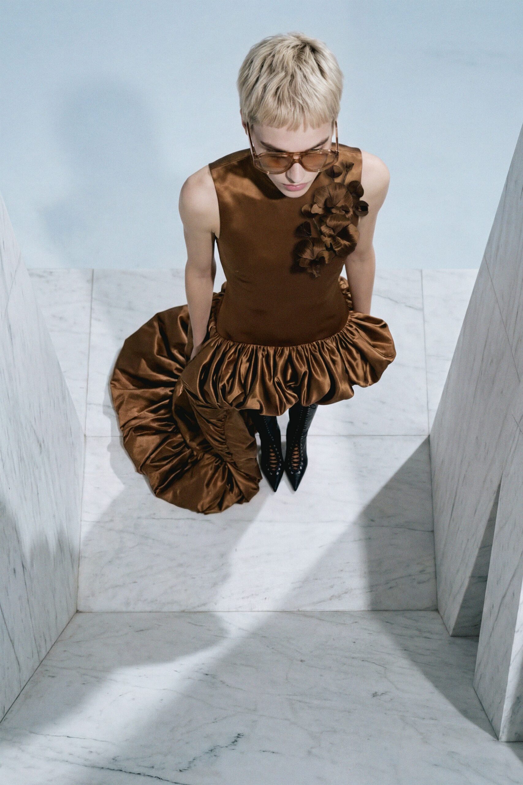 brown silk sleeveless high-neck fitted ruffled tiered dress