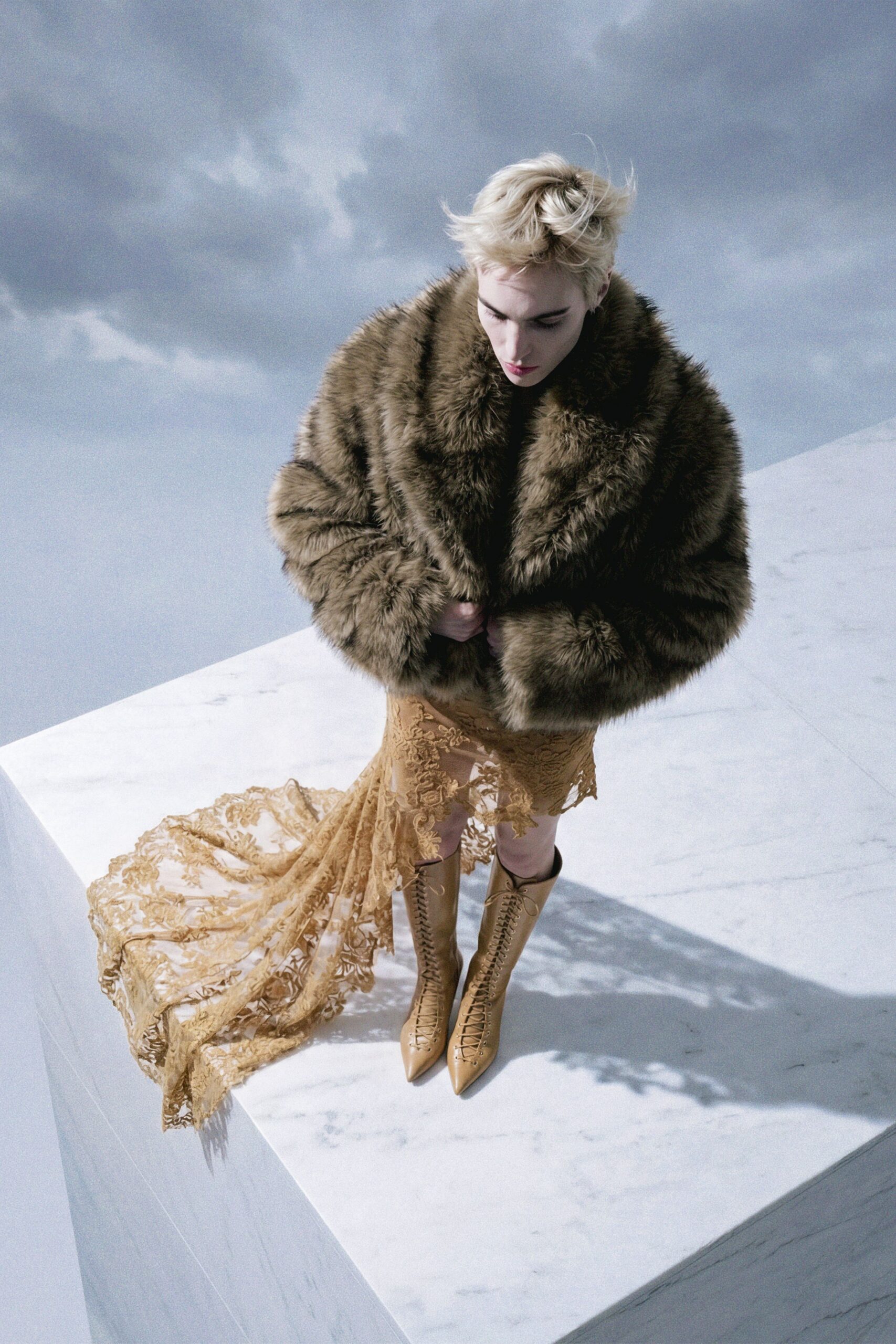 brown fur coat gold lace gown