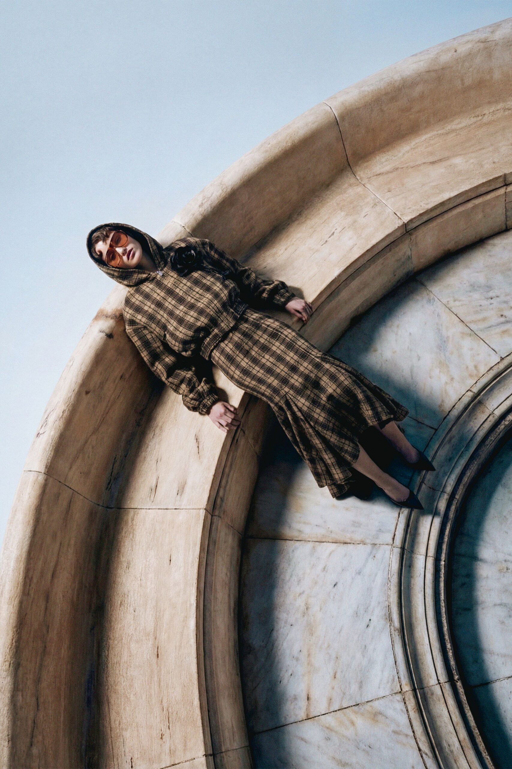 brown checked midi dress with hood