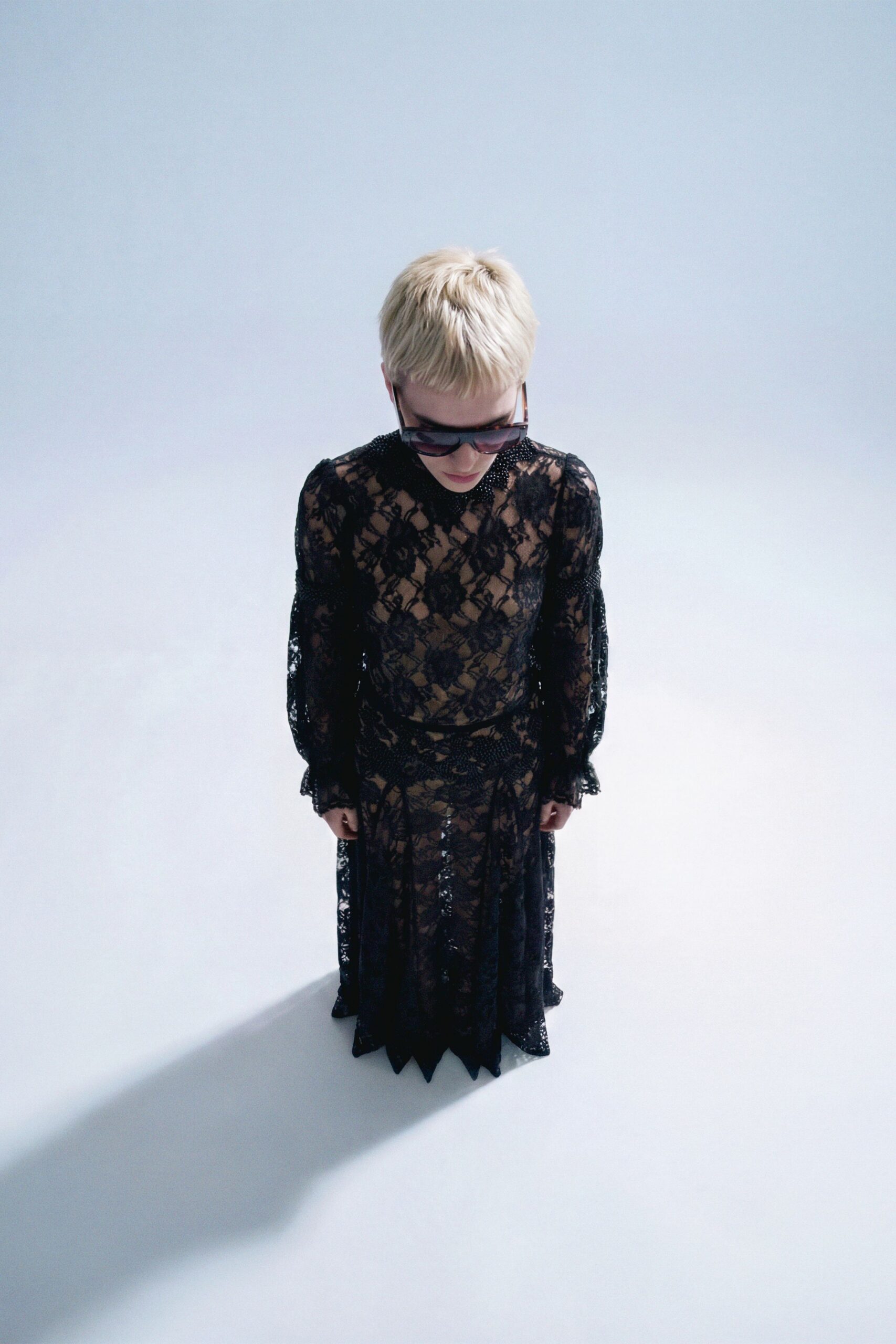 black lace long-sleeve high-neck fitted pleated tiered dress