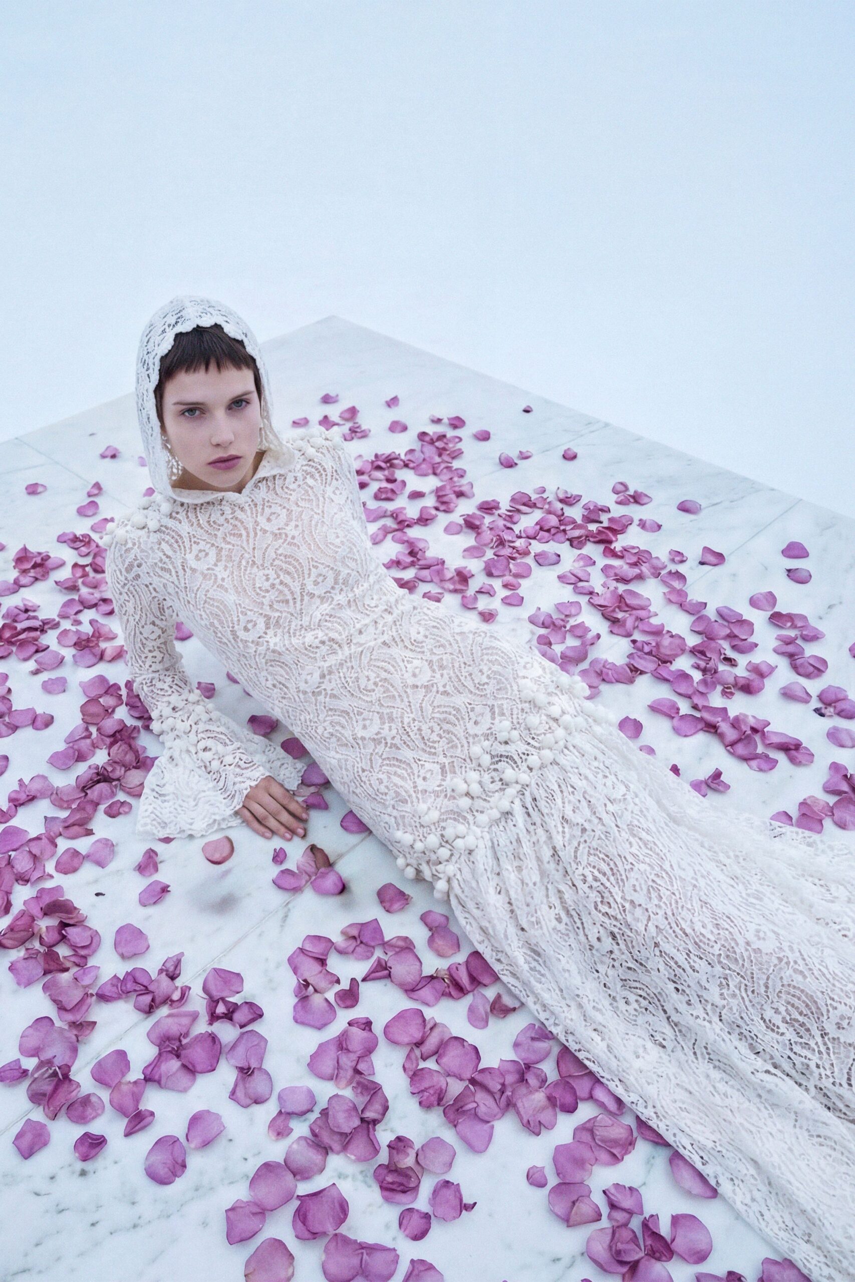 white lace hooded gown