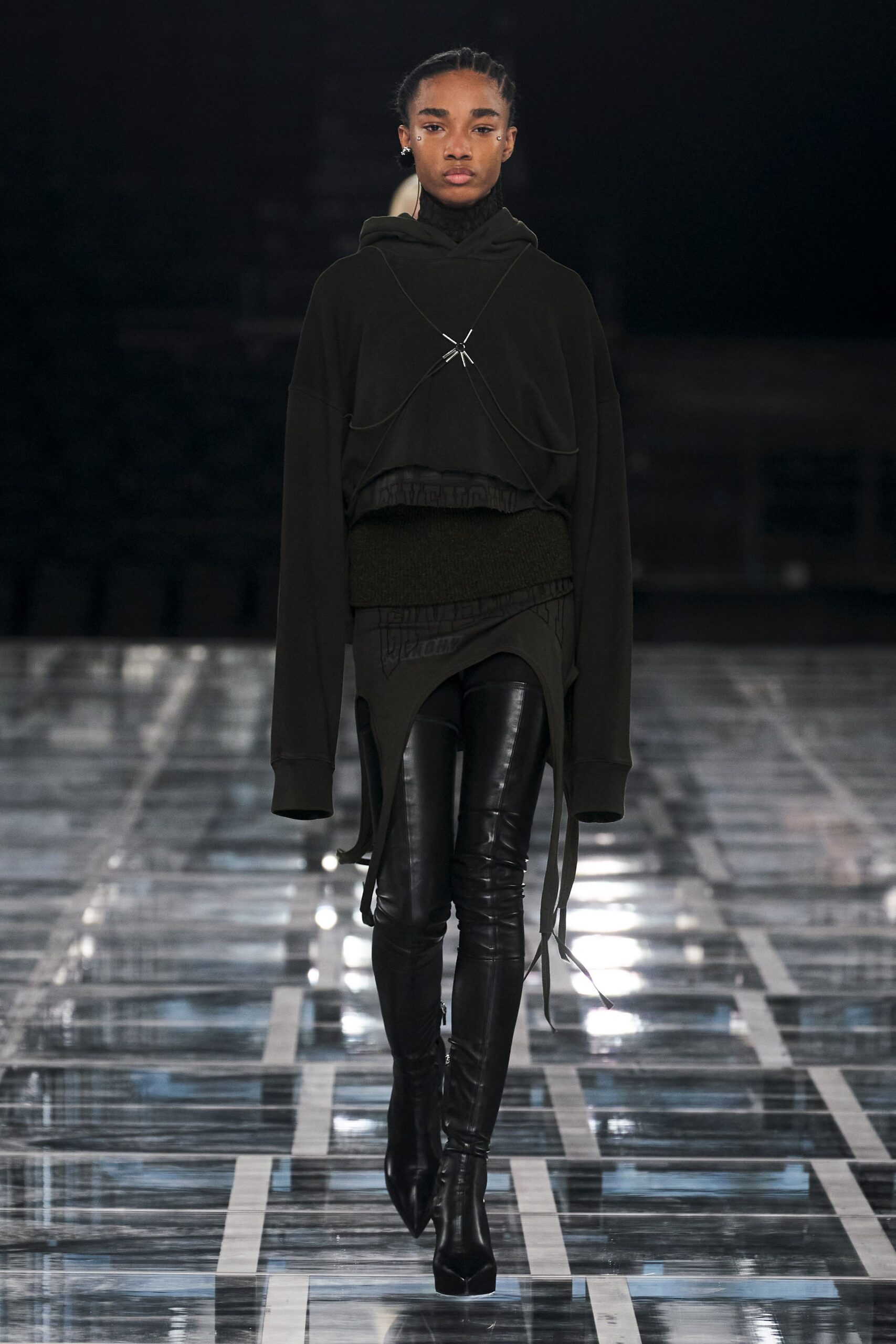 black cotton long-sleeve hooded oversized draped hoodie